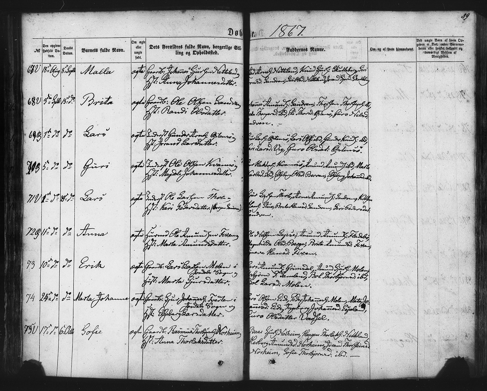 Kvam sokneprestembete, SAB/A-76201/H/Haa: Parish register (official) no. A 9, 1864-1879, p. 39