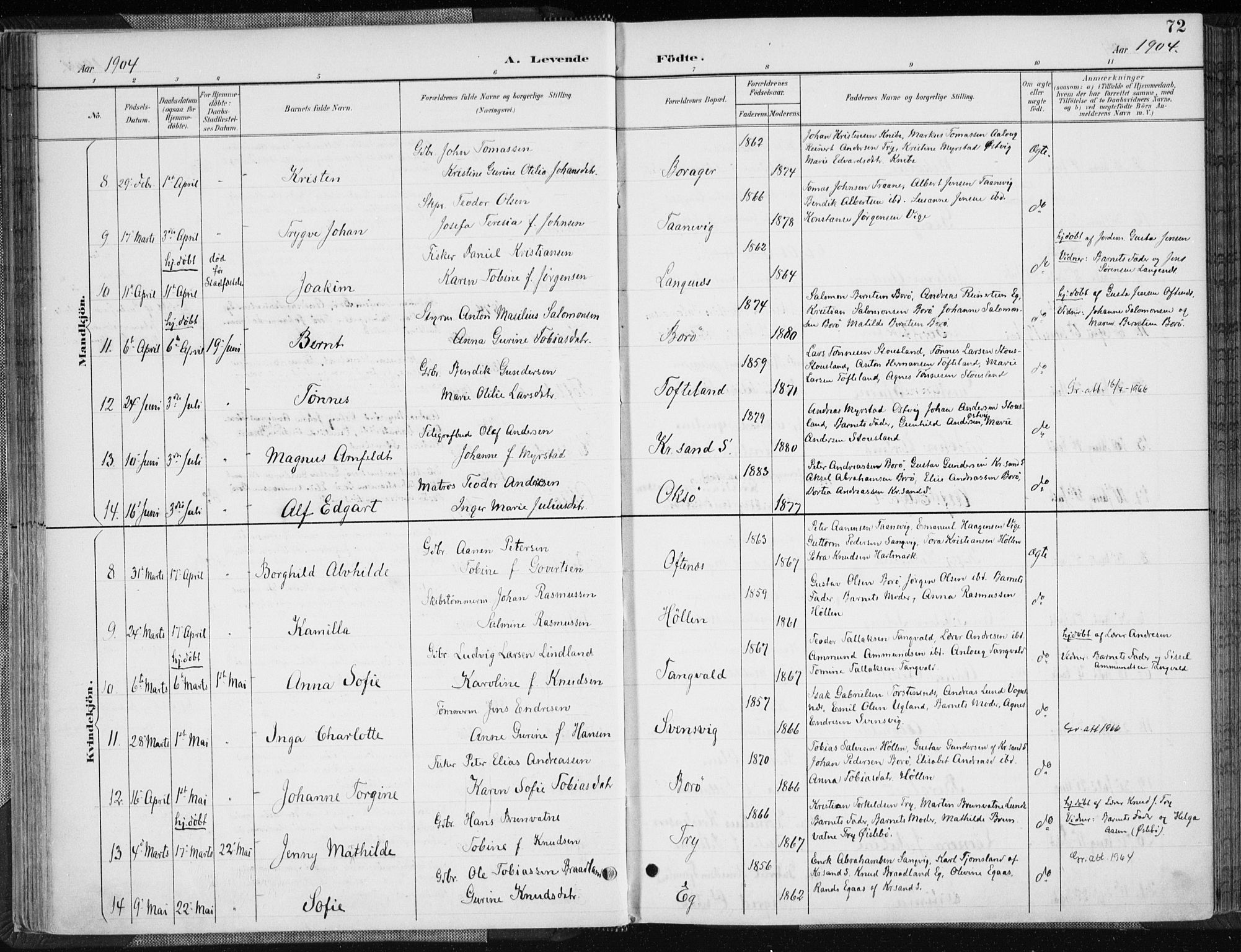 Søgne sokneprestkontor, AV/SAK-1111-0037/F/Fa/Fab/L0013: Parish register (official) no. A 13, 1892-1911, p. 72