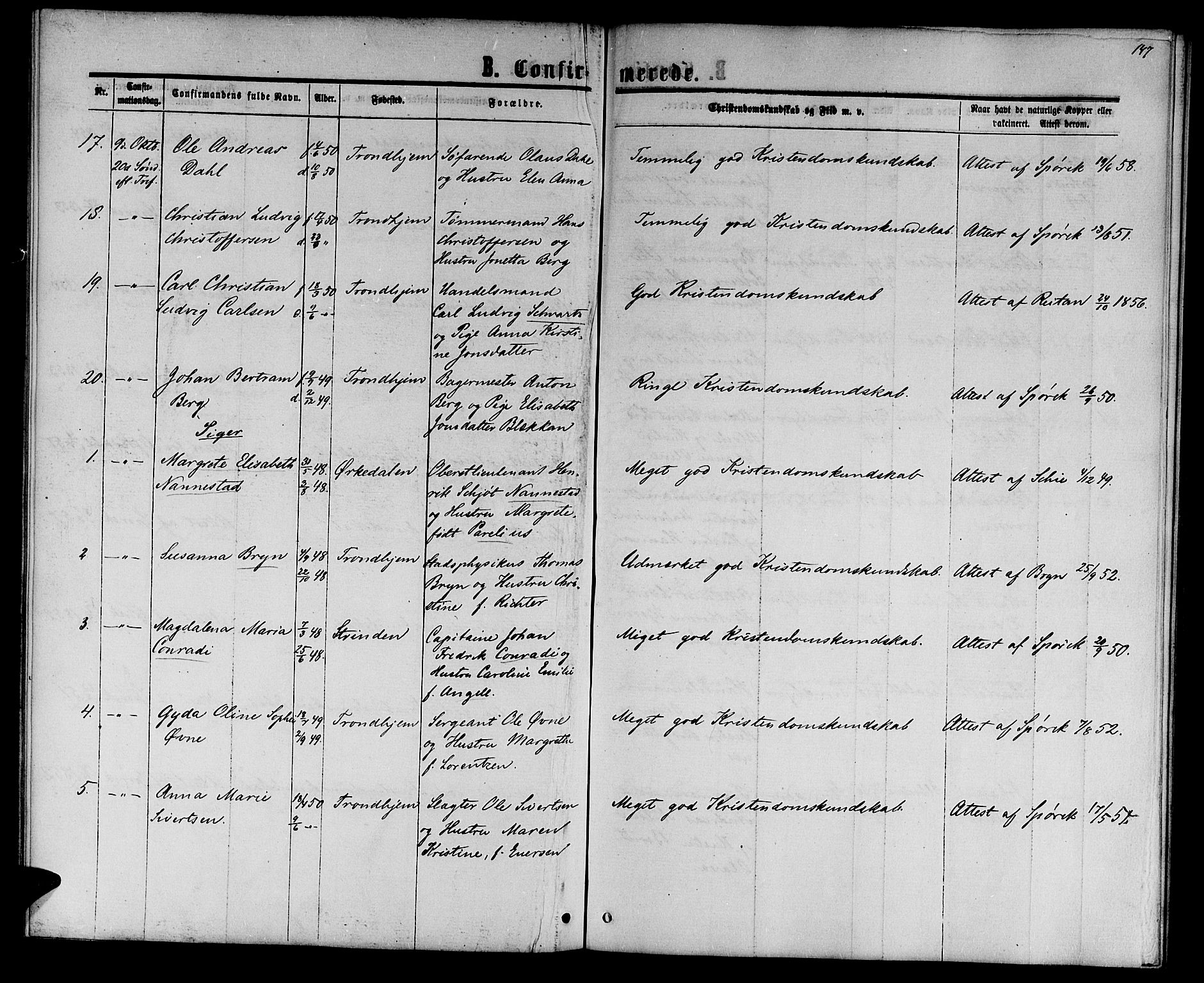 Ministerialprotokoller, klokkerbøker og fødselsregistre - Sør-Trøndelag, AV/SAT-A-1456/601/L0087: Parish register (copy) no. 601C05, 1864-1881, p. 147