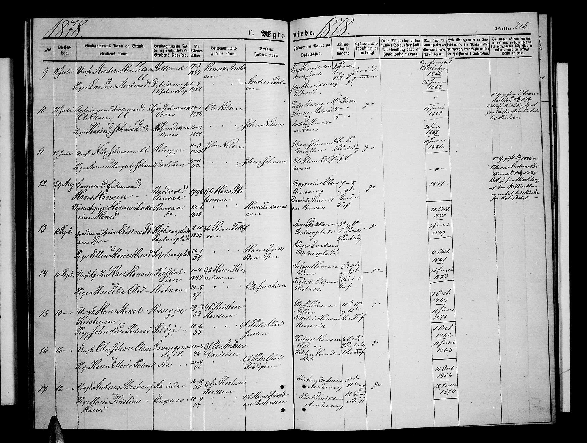 Ibestad sokneprestembete, AV/SATØ-S-0077/H/Ha/Hab/L0006klokker: Parish register (copy) no. 6, 1871-1879, p. 216