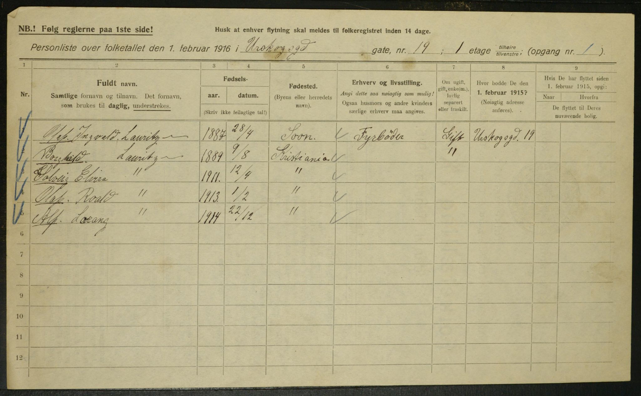 OBA, Municipal Census 1916 for Kristiania, 1916, p. 2719