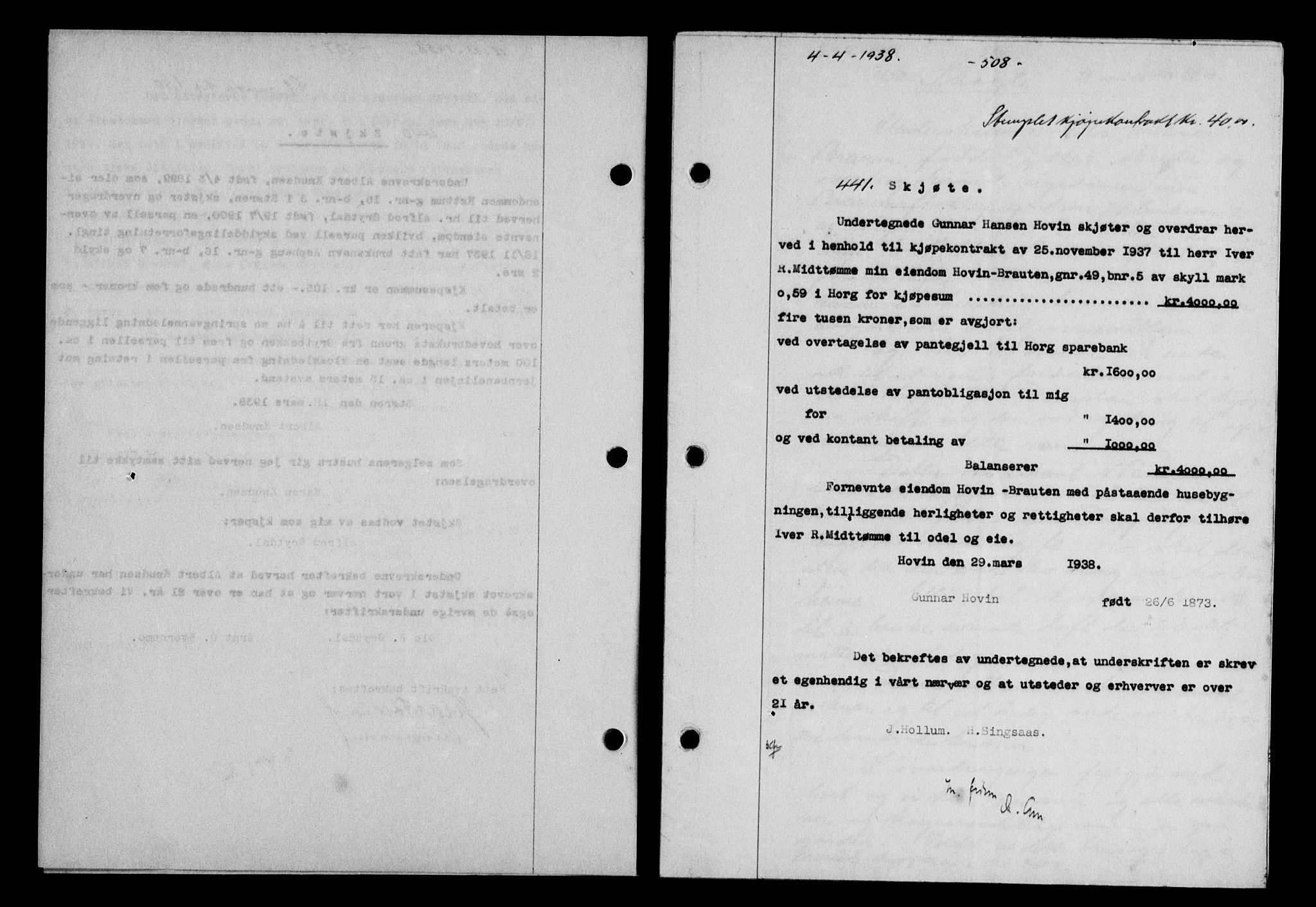 Gauldal sorenskriveri, SAT/A-0014/1/2/2C/L0048: Mortgage book no. 51-52, 1937-1938, p. 508, Diary no: : 441/1938