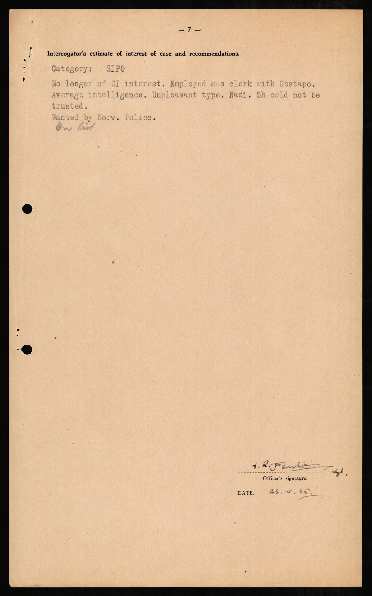 Forsvaret, Forsvarets overkommando II, AV/RA-RAFA-3915/D/Db/L0006: CI Questionaires. Tyske okkupasjonsstyrker i Norge. Tyskere., 1945-1946, p. 279