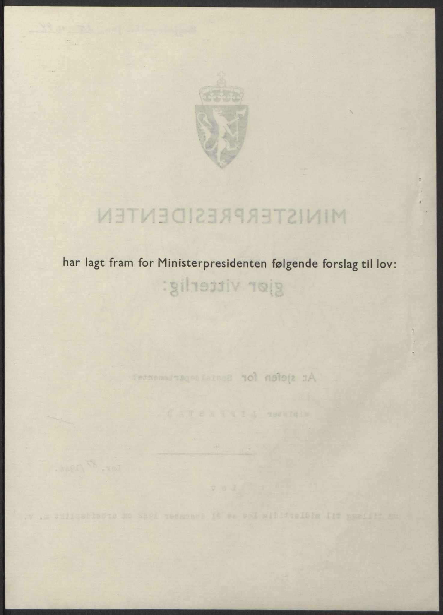 NS-administrasjonen 1940-1945 (Statsrådsekretariatet, de kommisariske statsråder mm), AV/RA-S-4279/D/Db/L0100: Lover, 1944, p. 381