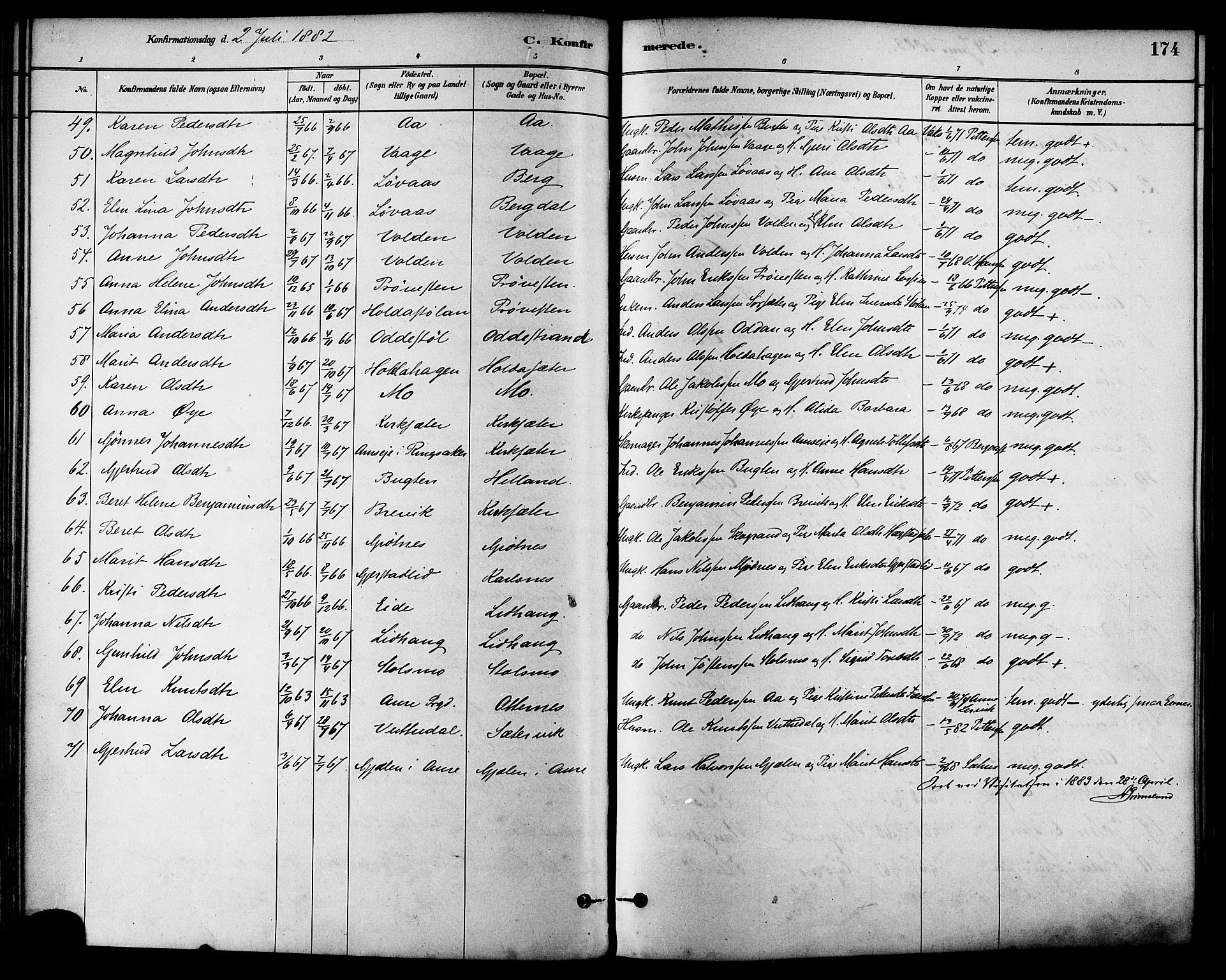 Ministerialprotokoller, klokkerbøker og fødselsregistre - Sør-Trøndelag, AV/SAT-A-1456/630/L0496: Parish register (official) no. 630A09, 1879-1895, p. 174