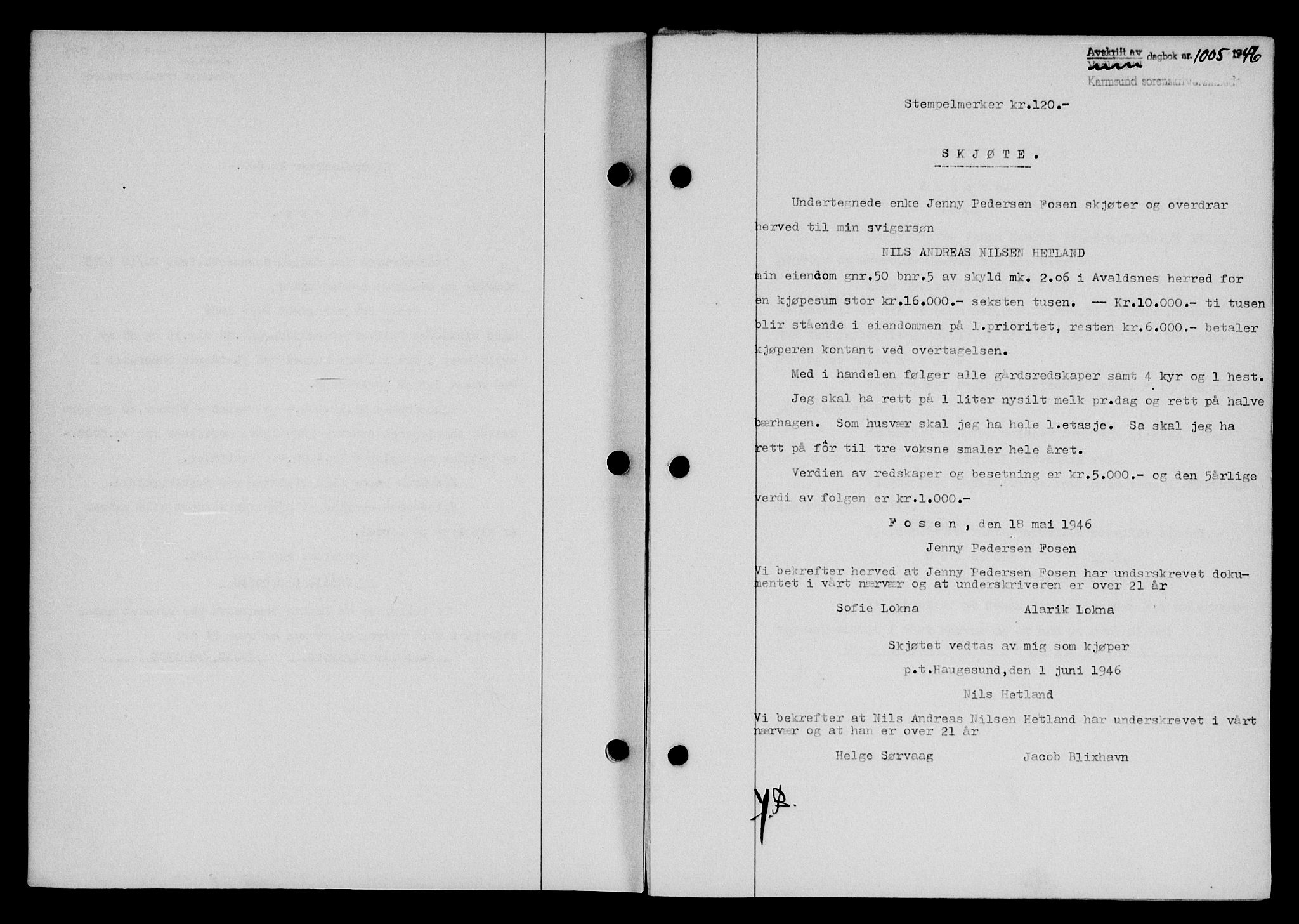Karmsund sorenskriveri, AV/SAST-A-100311/01/II/IIB/L0085: Mortgage book no. 66A, 1946-1946, Diary no: : 1005/1946