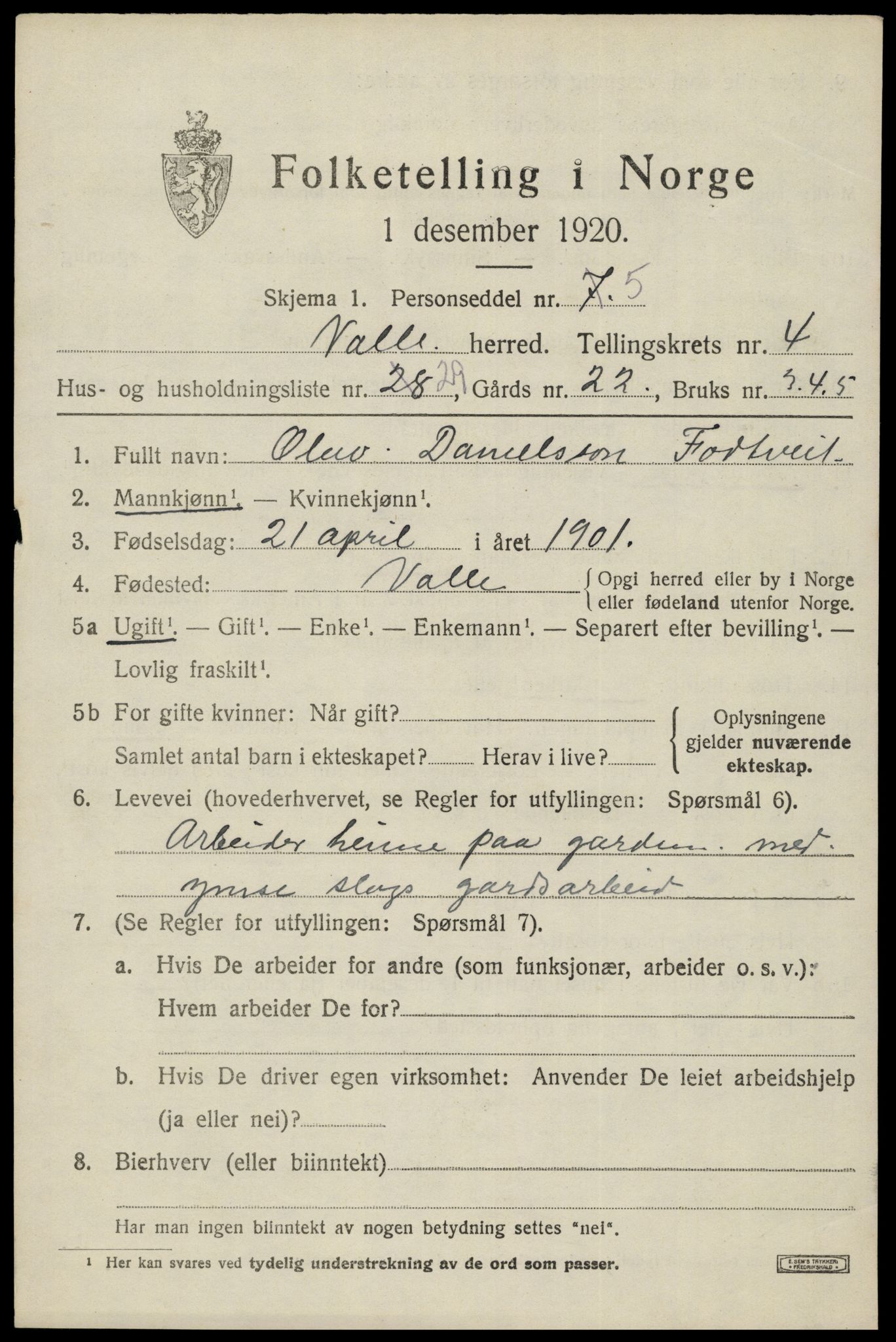 SAK, 1920 census for Valle, 1920, p. 2321