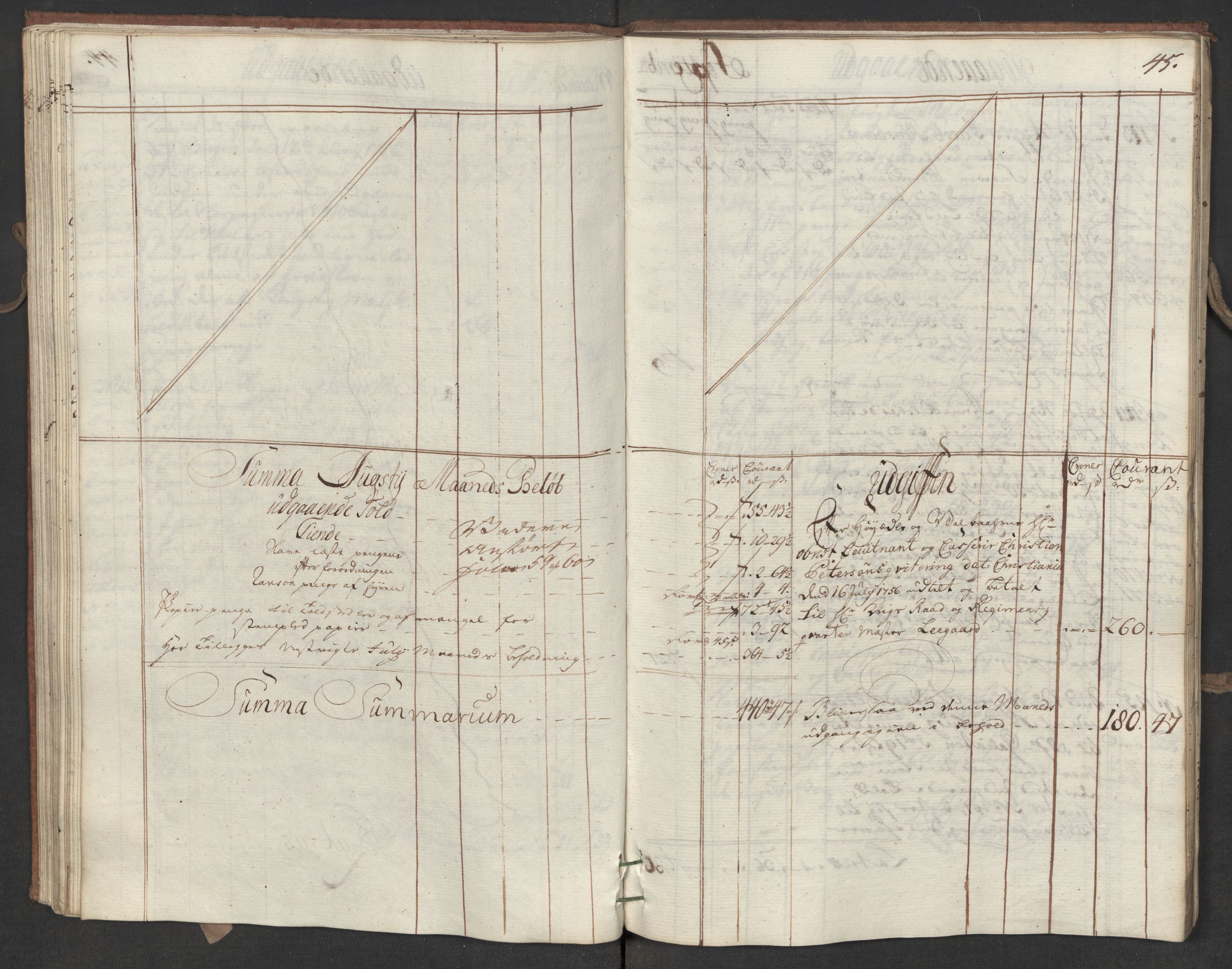 Generaltollkammeret, tollregnskaper, AV/RA-EA-5490/R19/L0015/0005: Tollregnskaper Flekkefjord / Utgående hovedtollbok, 1756, p. 44b-45a