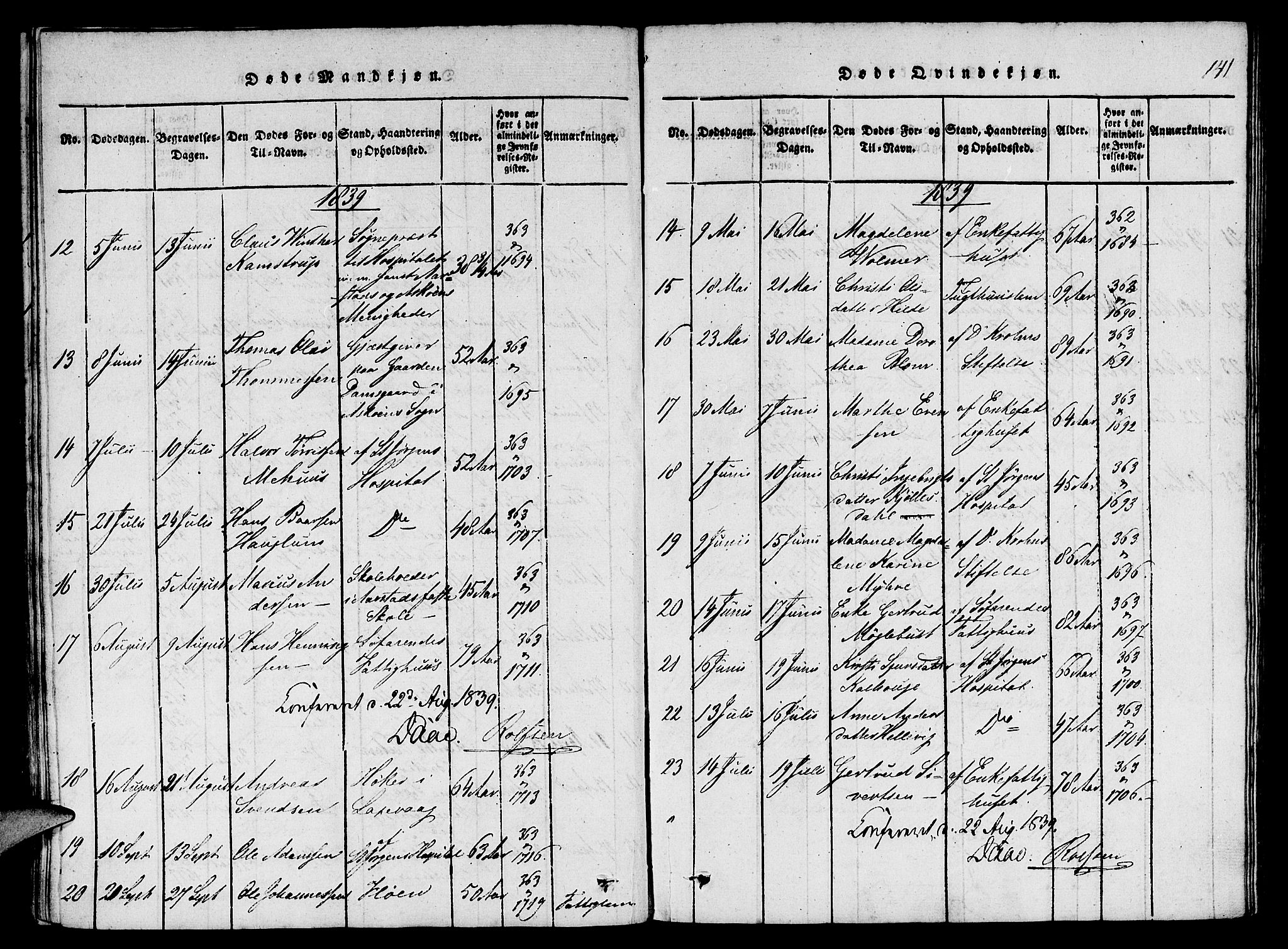 St. Jørgens hospital og Årstad sokneprestembete, AV/SAB-A-99934: Parish register (copy) no. A 1, 1816-1843, p. 141