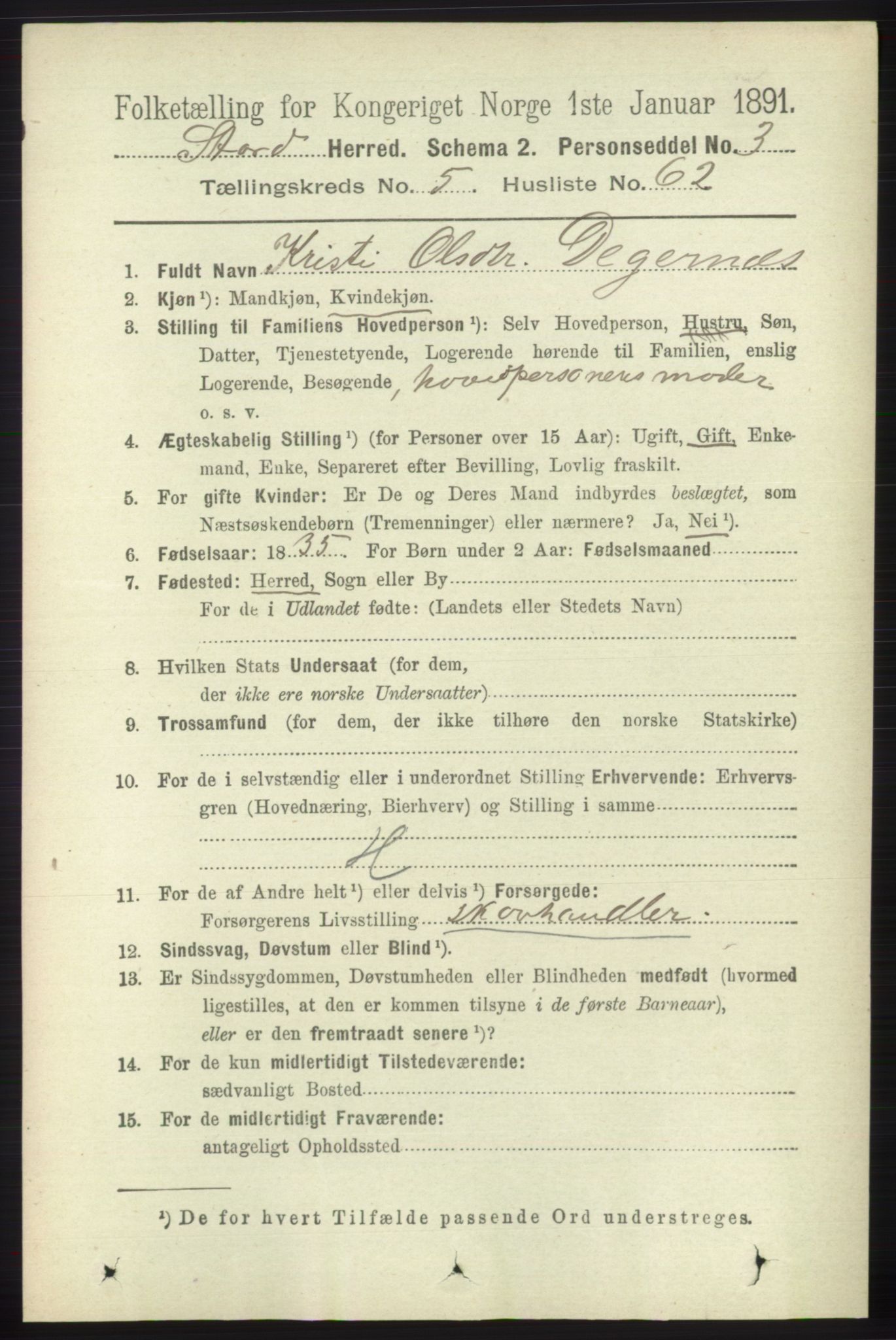 RA, 1891 census for 1221 Stord, 1891, p. 2007