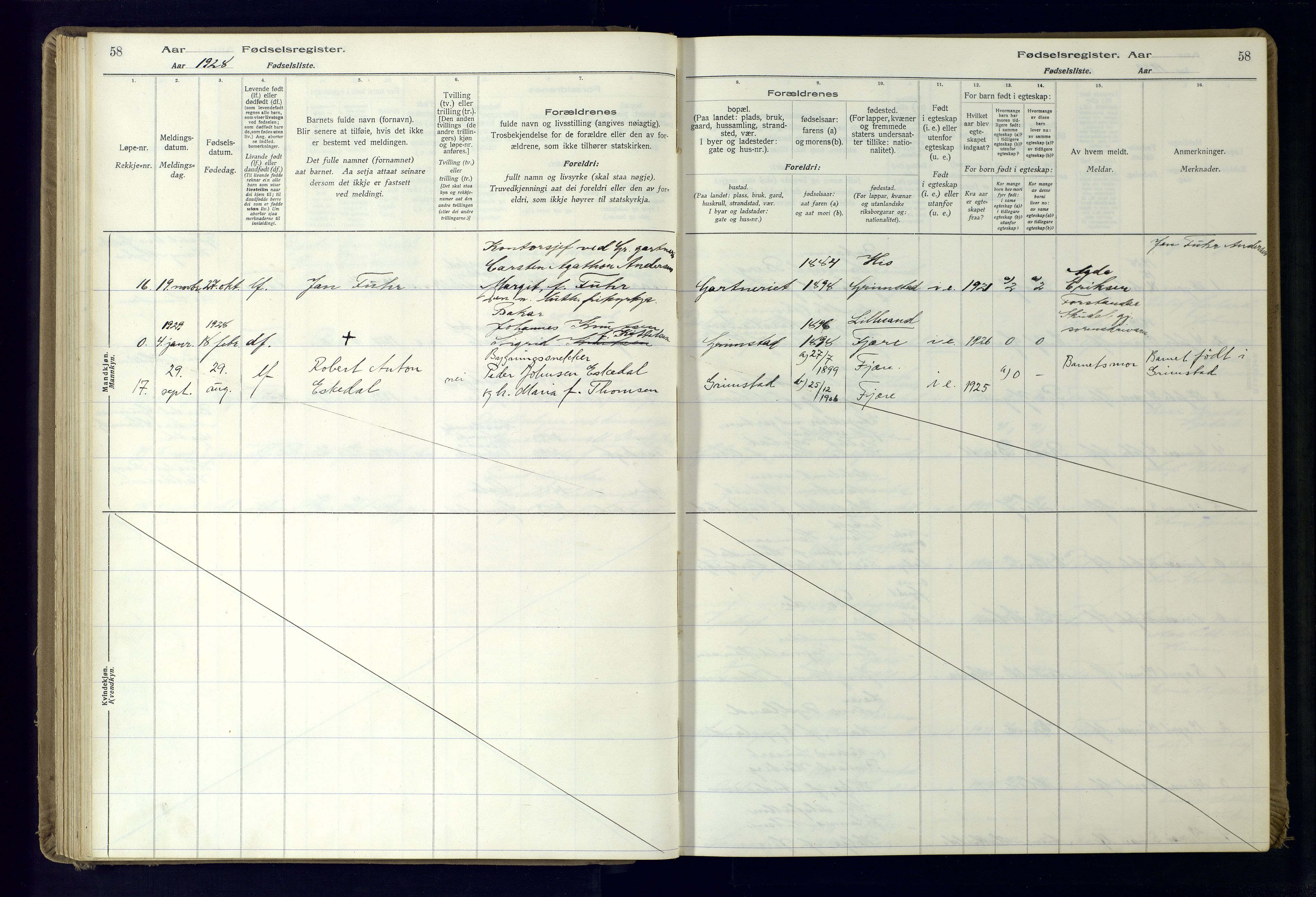 Grimstad sokneprestkontor, AV/SAK-1111-0017/J/Ja/L0001: Birth register no. 1, 1916-1960, p. 58