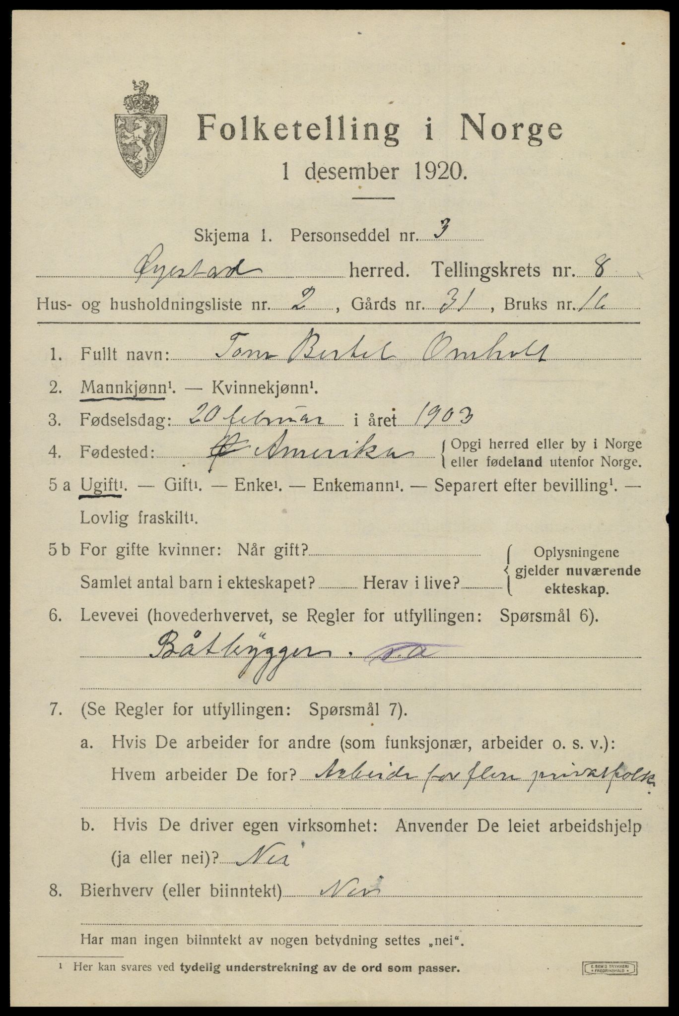 SAK, 1920 census for Øyestad, 1920, p. 5274