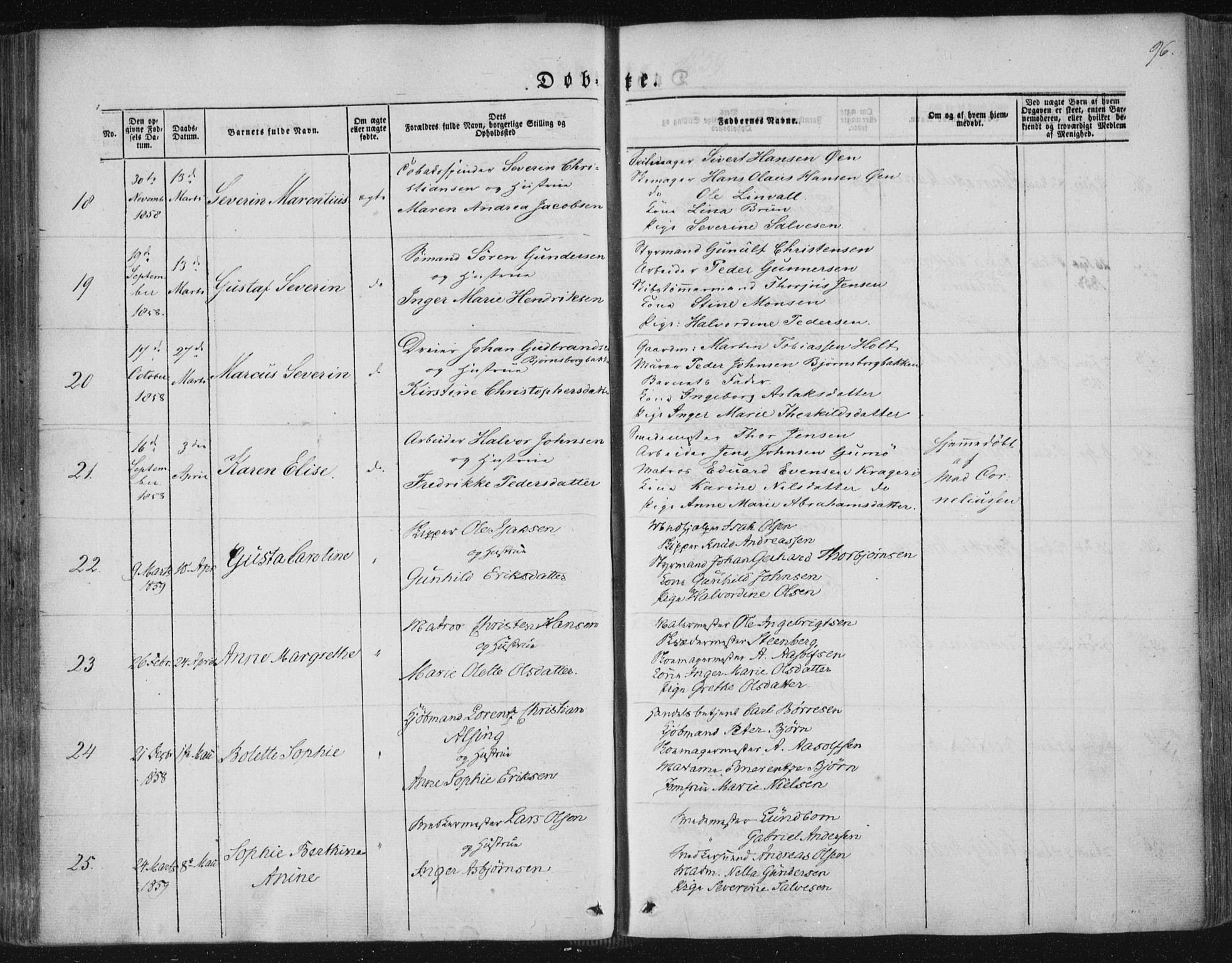 Kragerø kirkebøker, SAKO/A-278/F/Fa/L0006: Parish register (official) no. 6, 1847-1861, p. 96