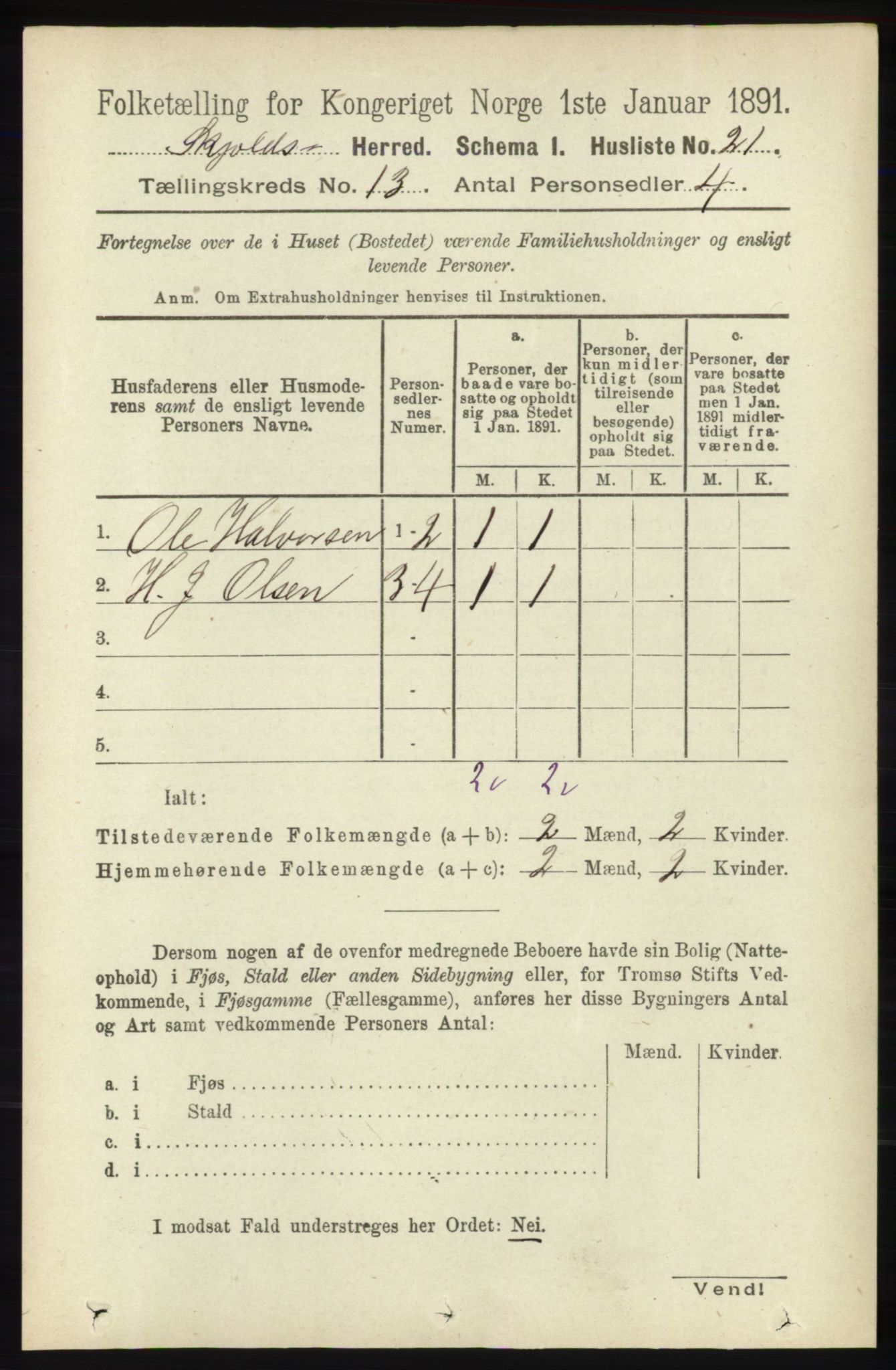 RA, 1891 census for 1154 Skjold, 1891, p. 2391