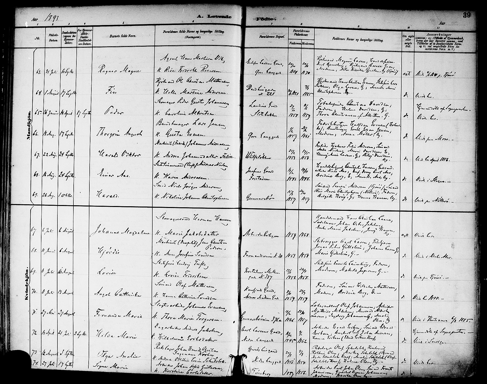 Tønsberg kirkebøker, SAKO/A-330/F/Fa/L0012: Parish register (official) no. I 12, 1891-1899, p. 39