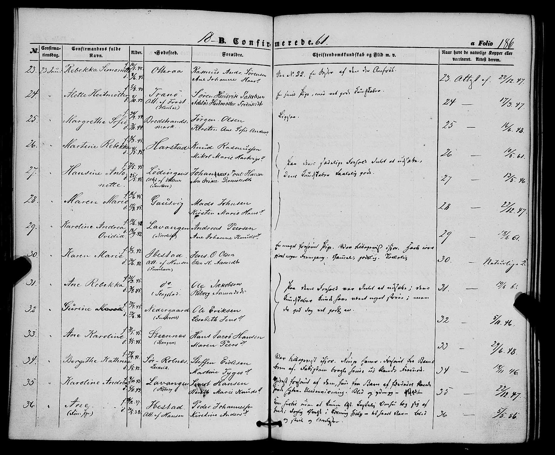 Trondenes sokneprestkontor, AV/SATØ-S-1319/H/Ha/L0011kirke: Parish register (official) no. 11, 1853-1862, p. 186