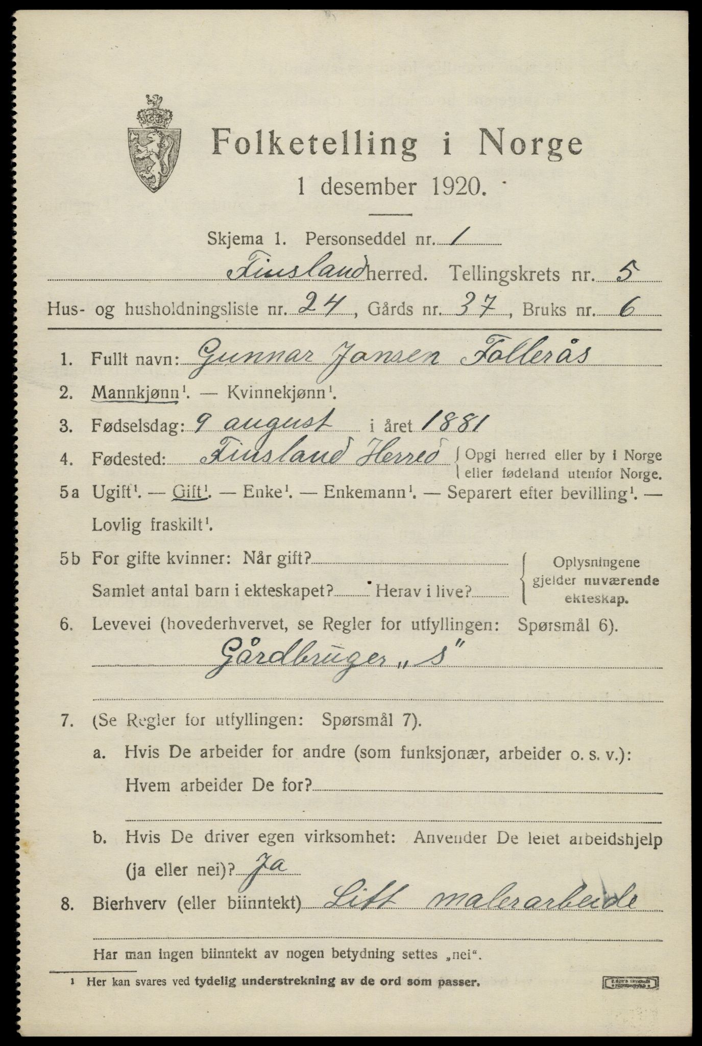SAK, 1920 census for Finsland, 1920, p. 1988