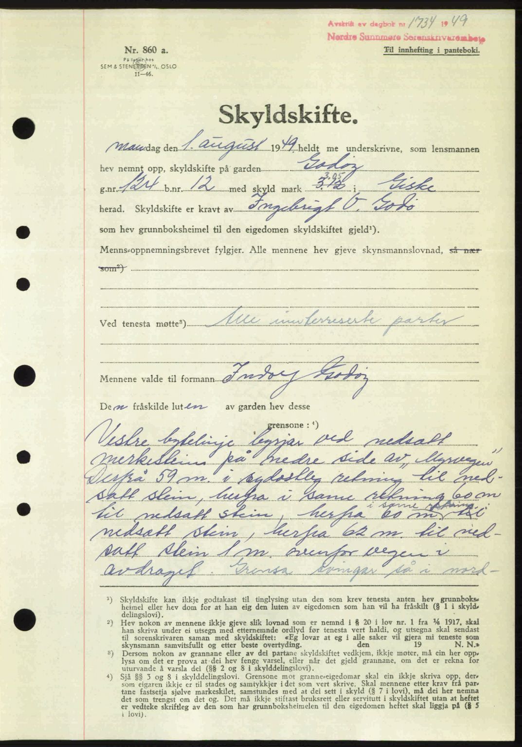 Nordre Sunnmøre sorenskriveri, AV/SAT-A-0006/1/2/2C/2Ca: Mortgage book no. A31, 1949-1949, Diary no: : 1734/1949