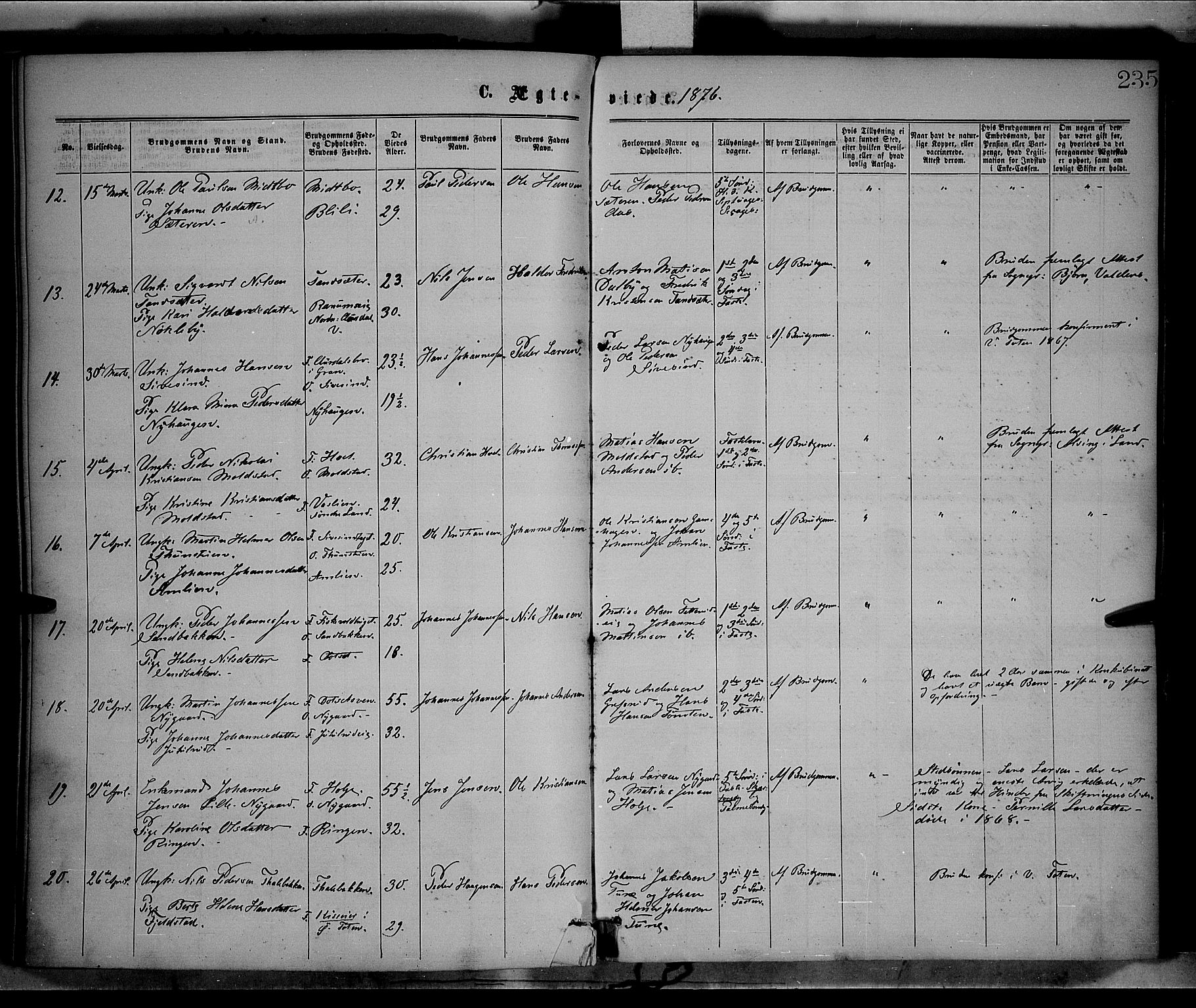 Vestre Toten prestekontor, SAH/PREST-108/H/Ha/Haa/L0008: Parish register (official) no. 8, 1870-1877, p. 235