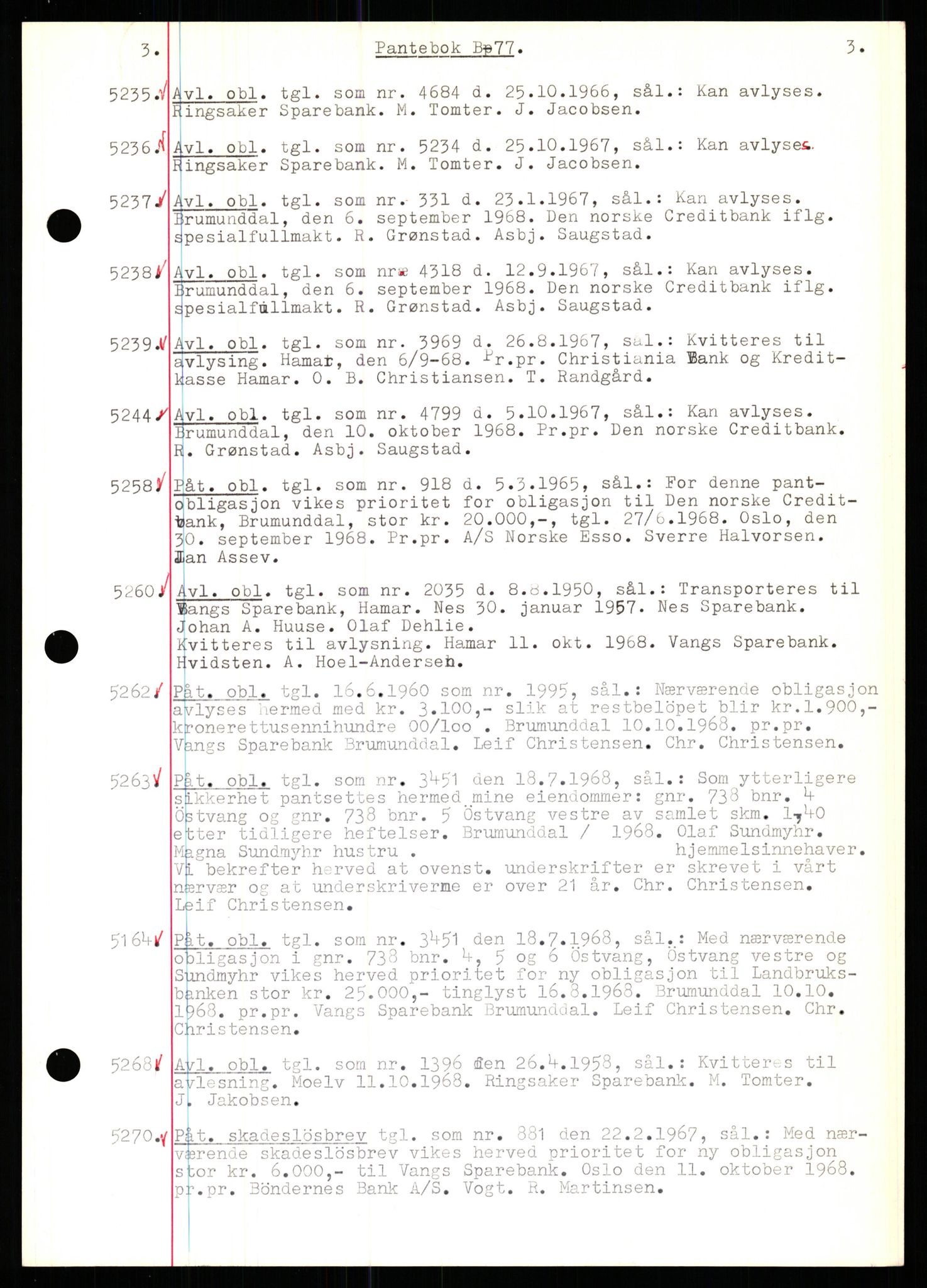 Nord-Hedmark sorenskriveri, SAH/TING-012/H/Hb/Hbf/L0077: Mortgage book no. B77, 1968-1969, Diary no: : 5235/1968