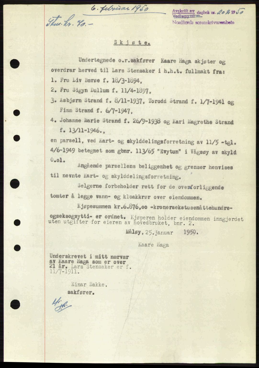 Nordfjord sorenskriveri, SAB/A-2801/02/02b/02bj/L0016a: Mortgage book no. A16 I, 1949-1950, Diary no: : 202/1950