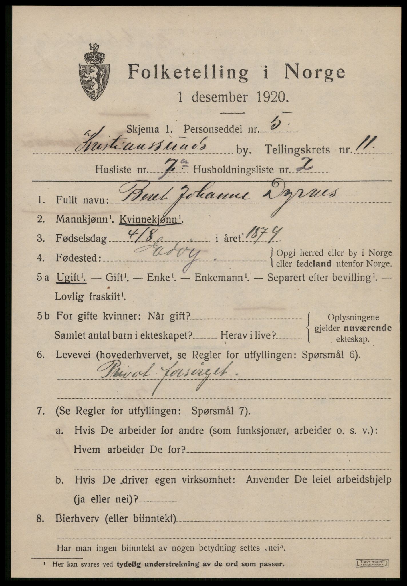 SAT, 1920 census for Kristiansund, 1920, p. 24085