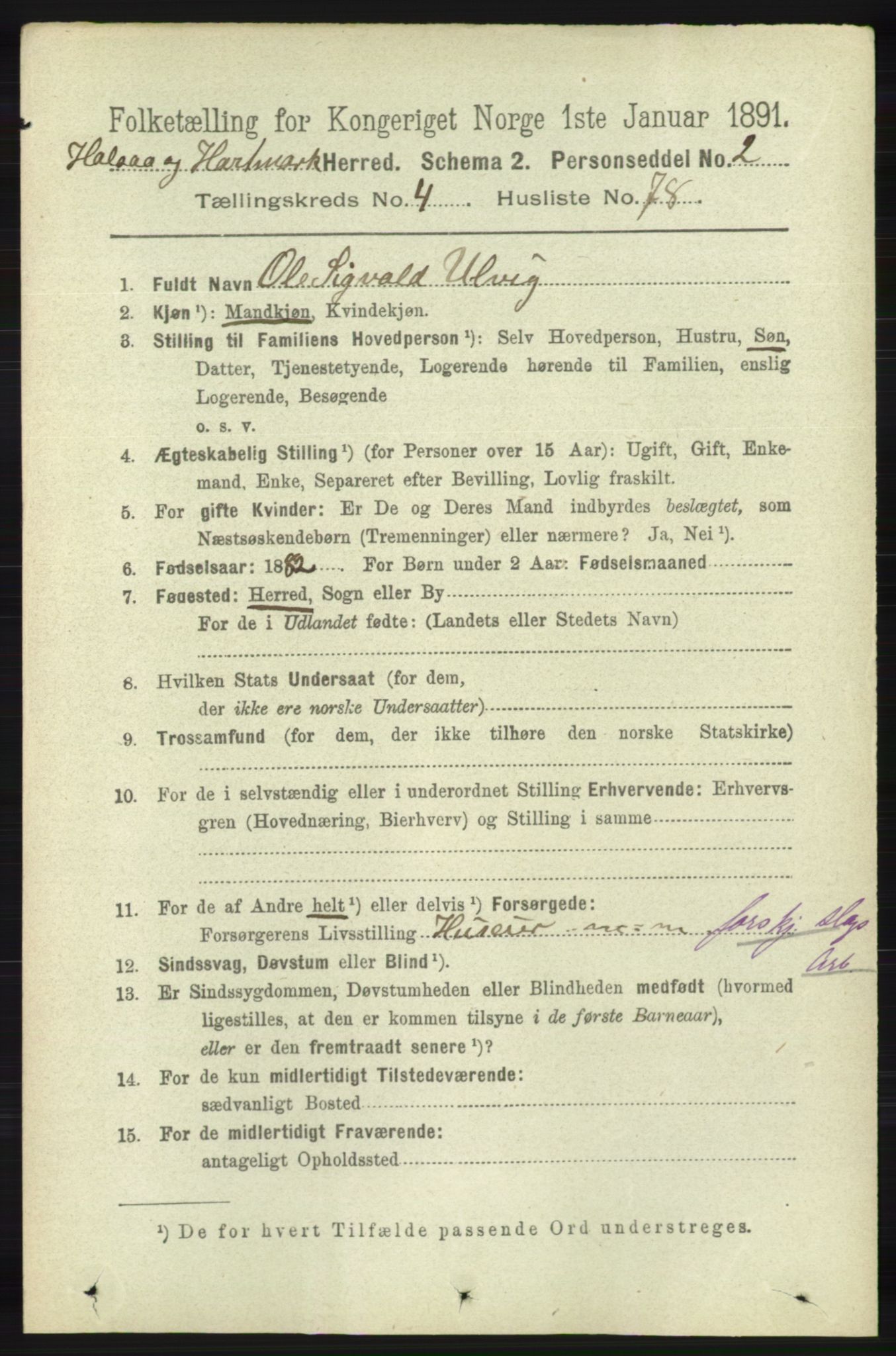 RA, 1891 census for 1019 Halse og Harkmark, 1891, p. 1932