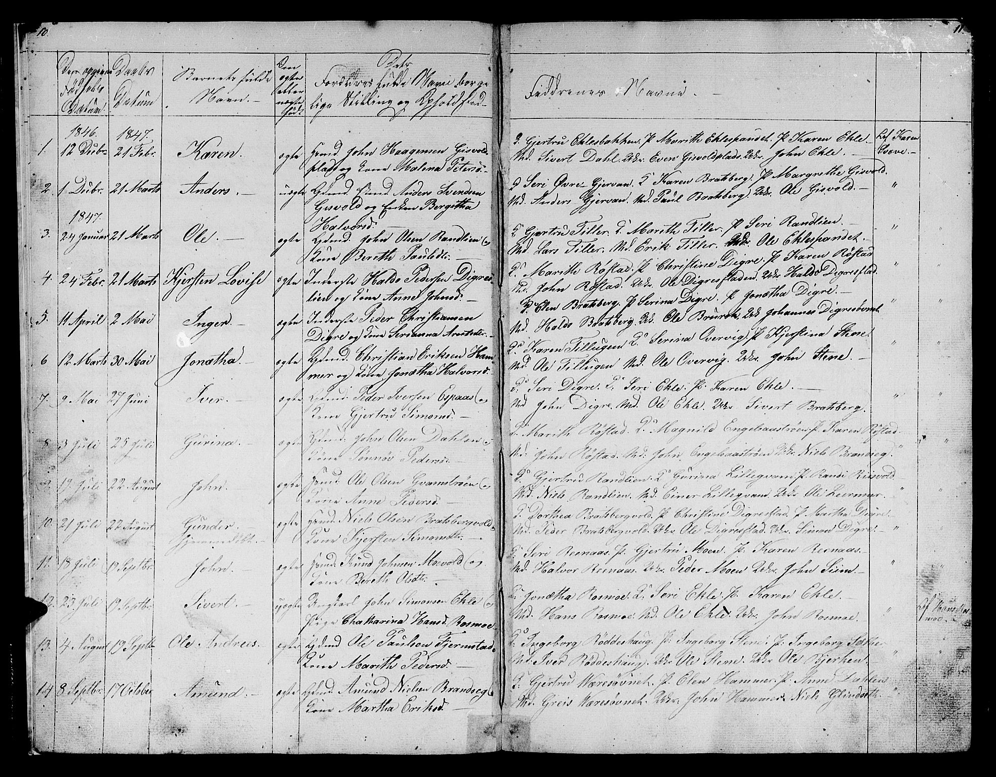 Ministerialprotokoller, klokkerbøker og fødselsregistre - Sør-Trøndelag, AV/SAT-A-1456/608/L0339: Parish register (copy) no. 608C05, 1844-1863, p. 10-11
