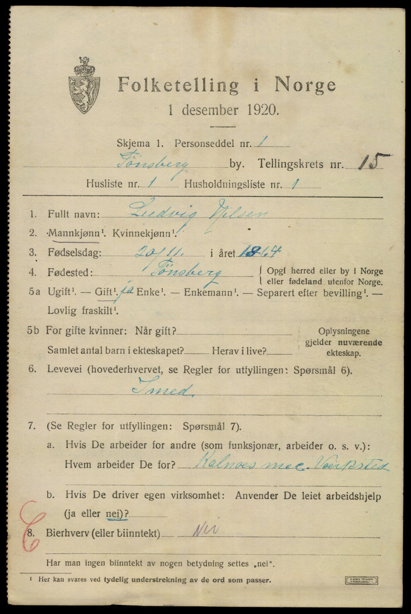 SAKO, 1920 census for Tønsberg, 1920, p. 23461