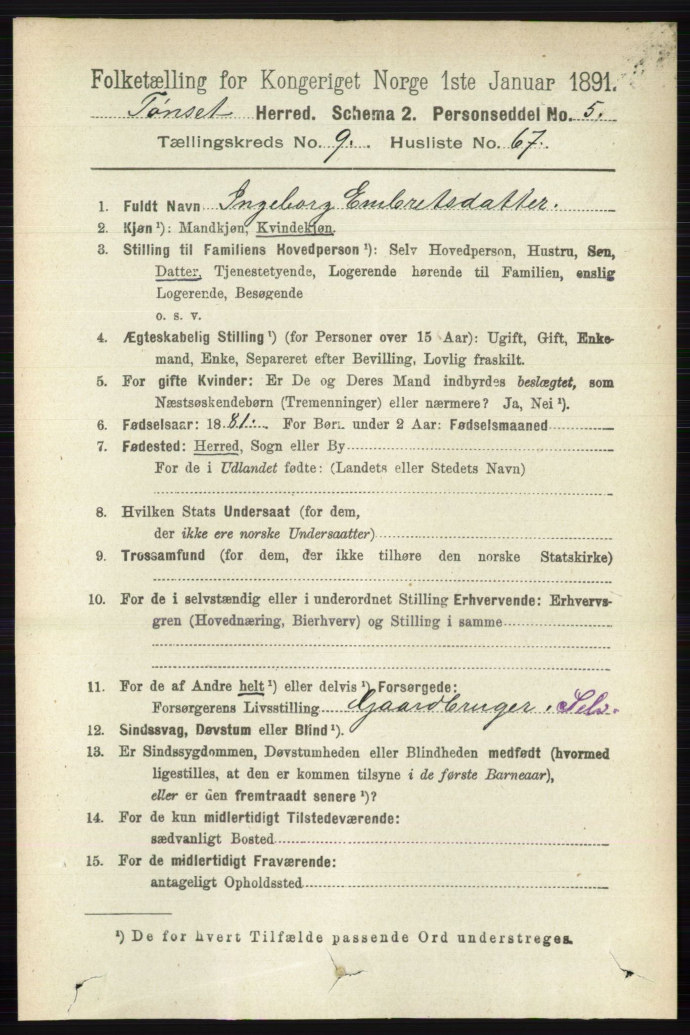 RA, 1891 census for 0437 Tynset, 1891, p. 2798