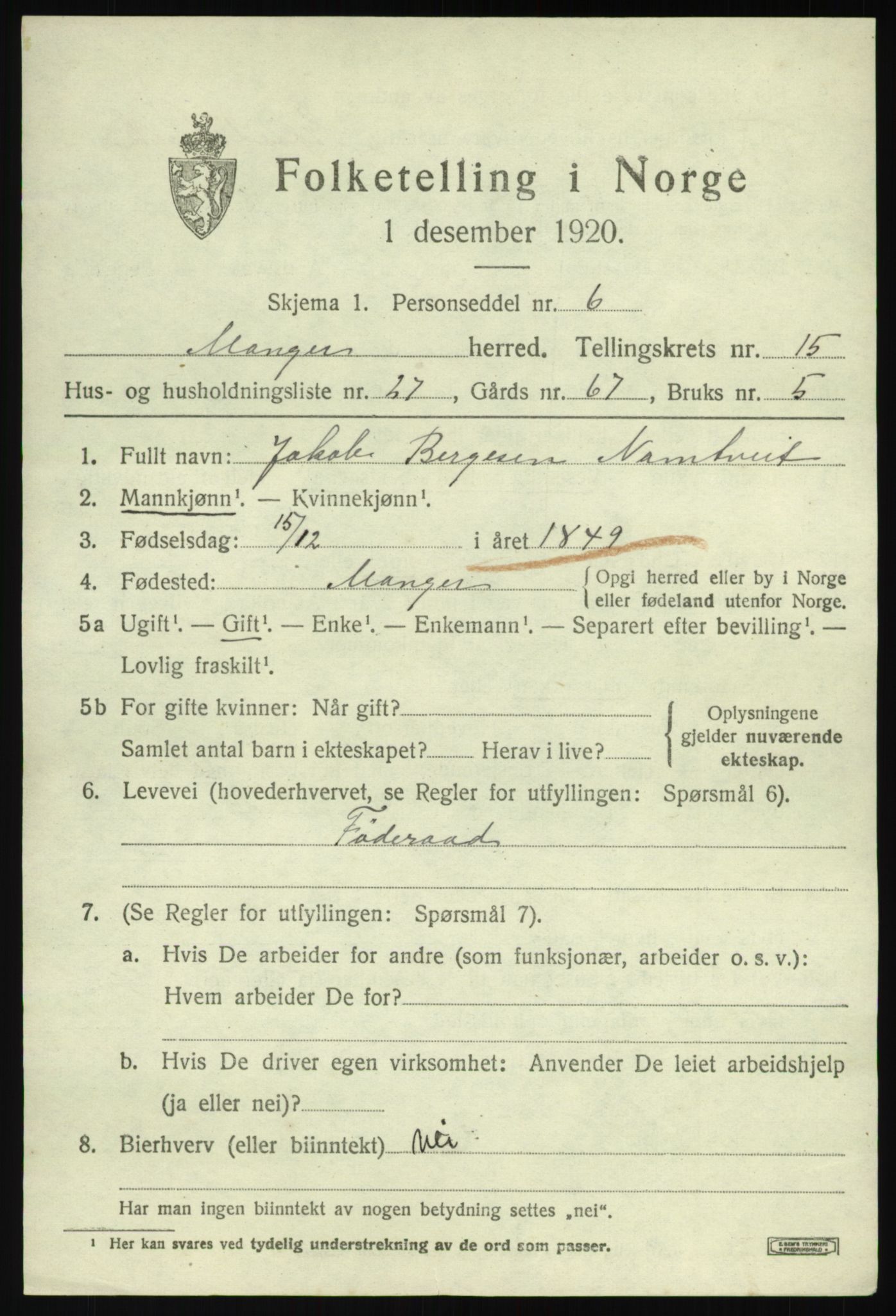 SAB, 1920 census for Manger, 1920, p. 8786