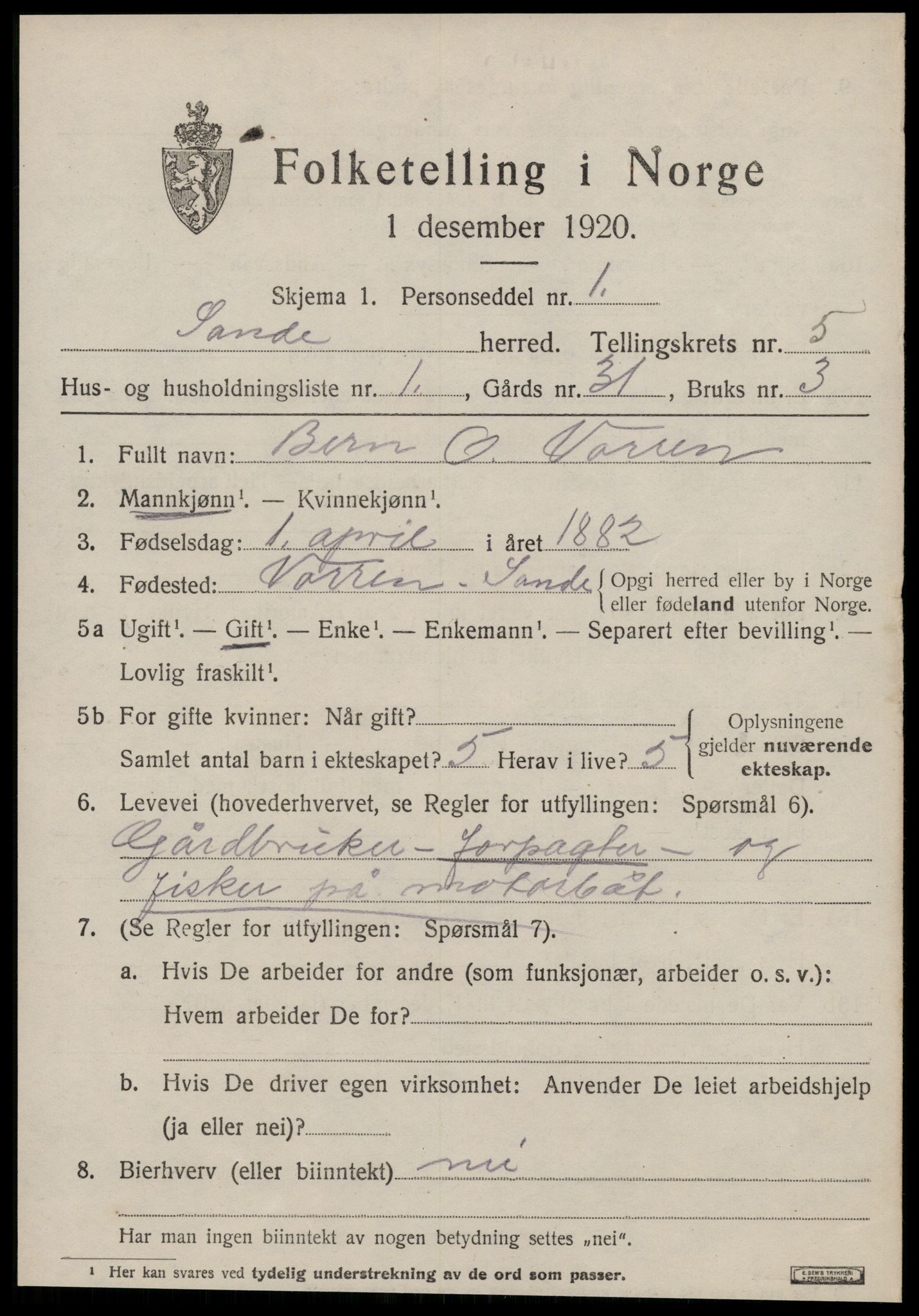 SAT, 1920 census for Sande (MR), 1920, p. 3242