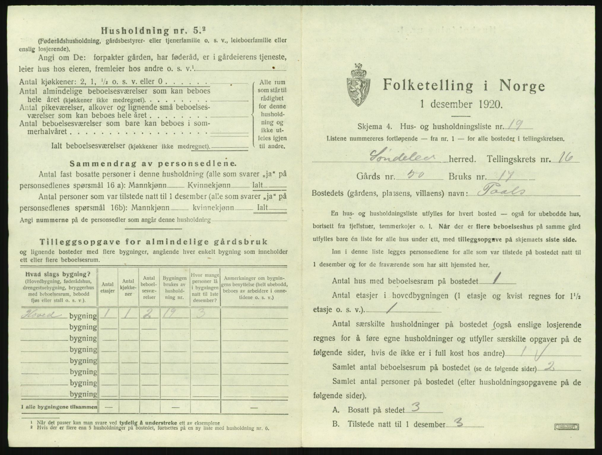 SAK, 1920 census for Søndeled, 1920, p. 1253