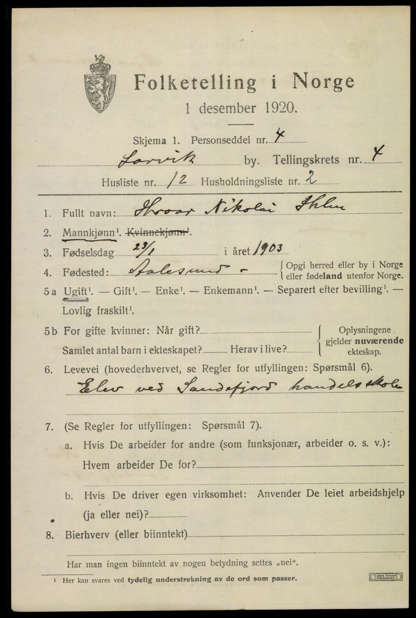 SAKO, 1920 census for Larvik, 1920, p. 13628