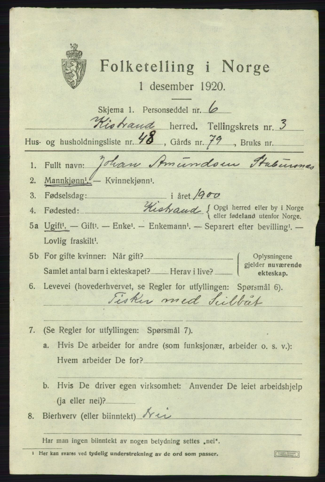 SATØ, 1920 census for Kistrand, 1920, p. 2376