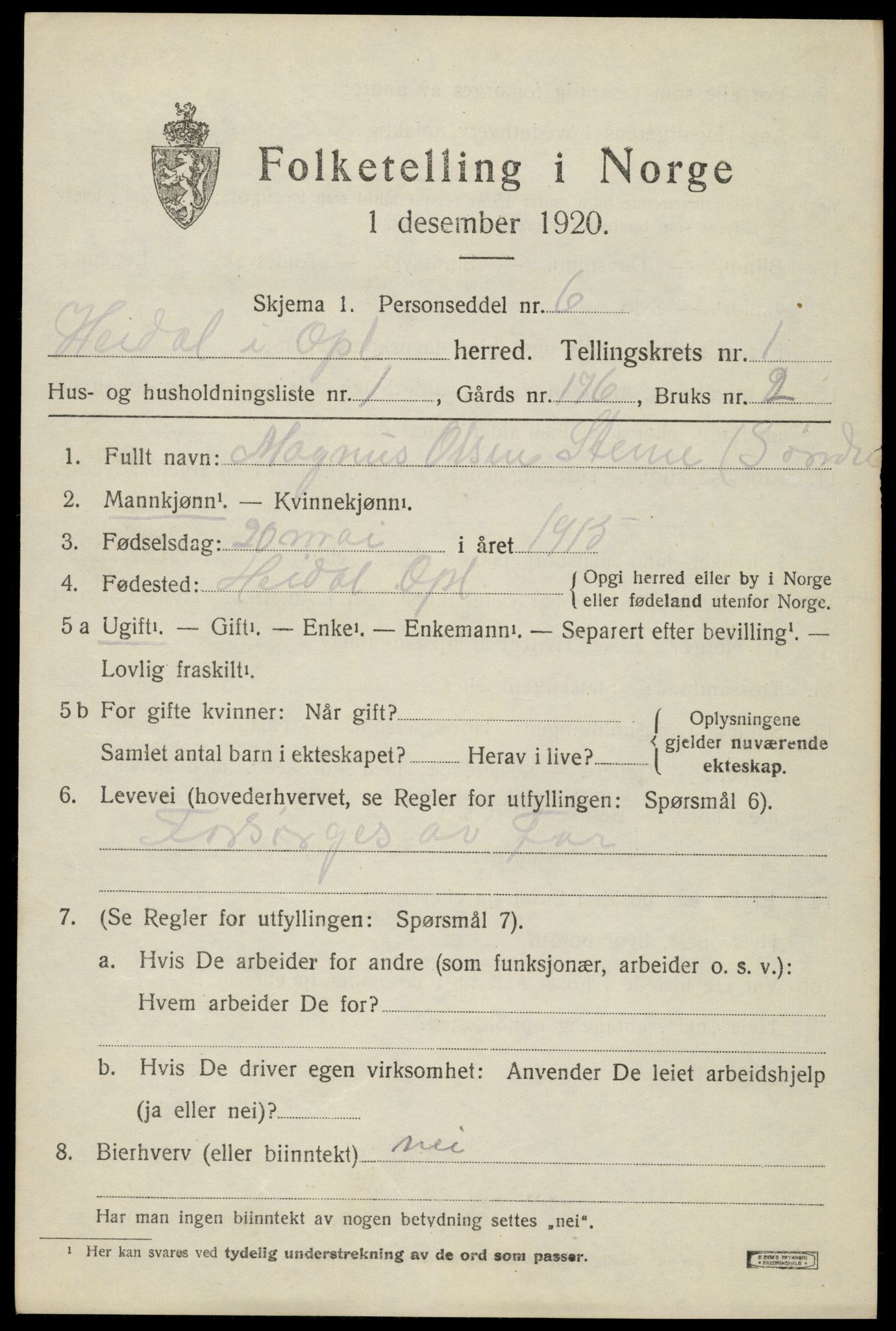 SAH, 1920 census for Heidal, 1920, p. 506