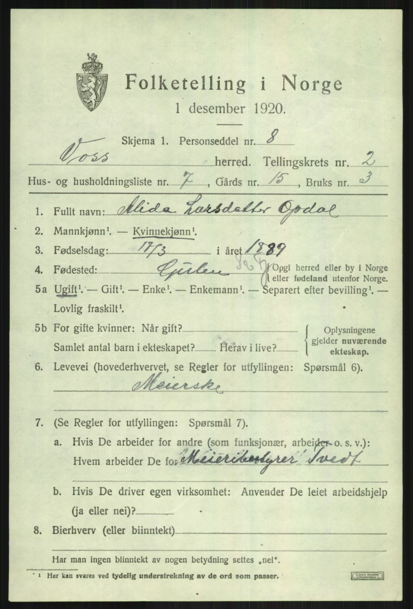 SAB, 1920 census for Voss, 1920, p. 3543