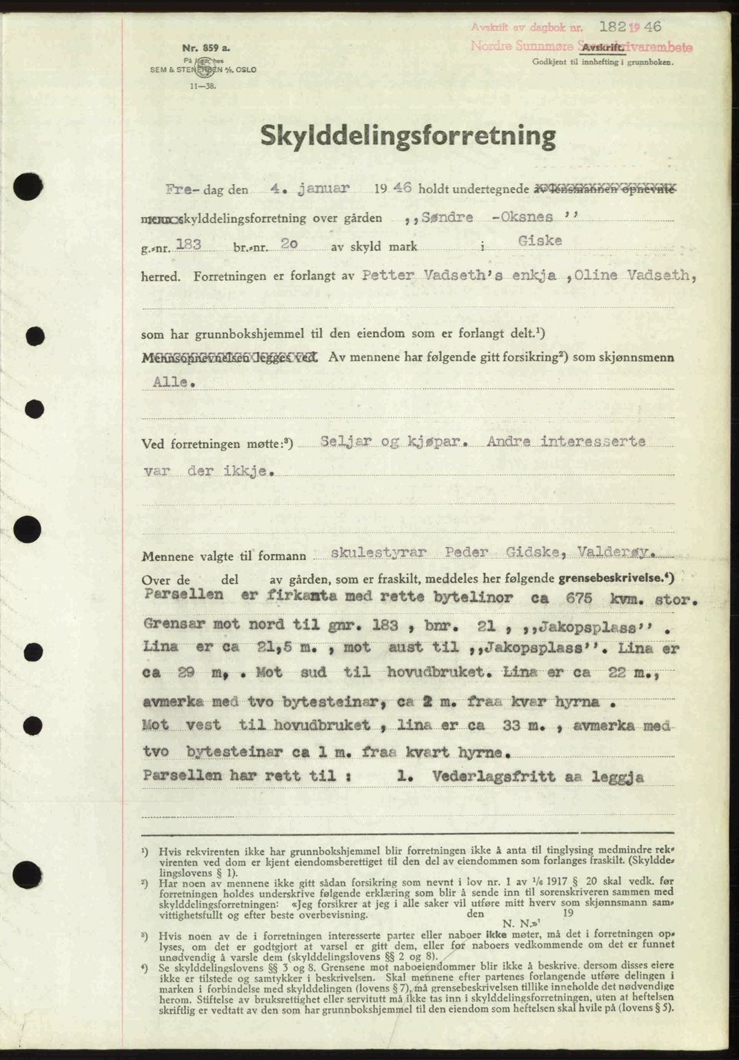 Nordre Sunnmøre sorenskriveri, AV/SAT-A-0006/1/2/2C/2Ca: Mortgage book no. A20b, 1946-1946, Diary no: : 182/1946