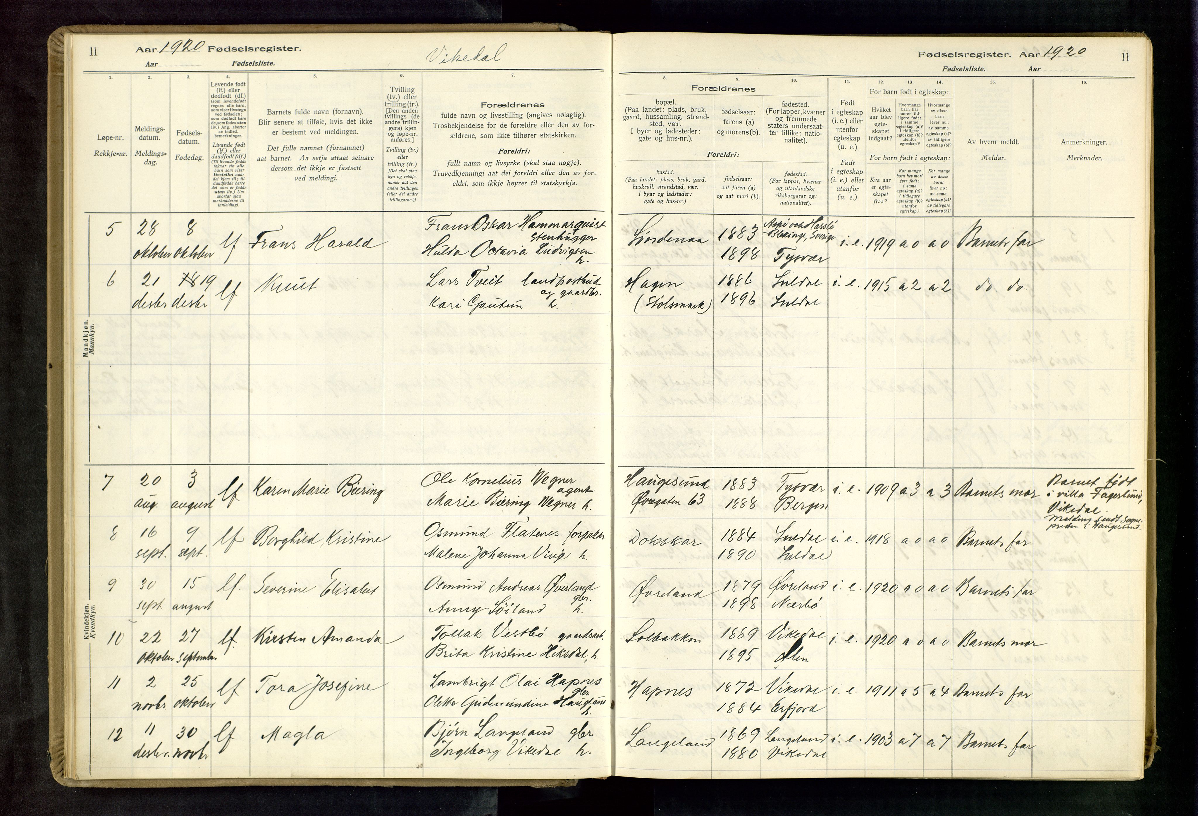 Vikedal sokneprestkontor, AV/SAST-A-101840/01/II: Birth register no. 3, 1916-1982, p. 11