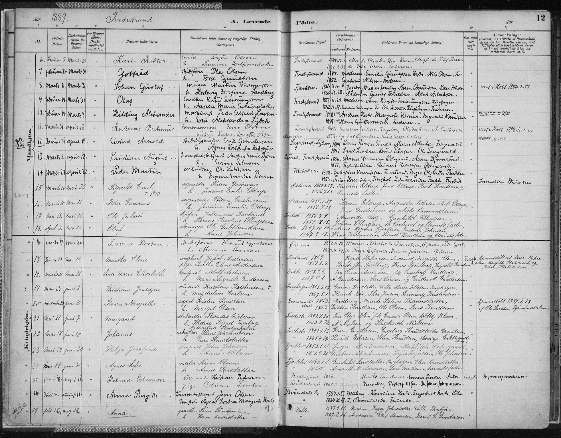 Tvedestrand sokneprestkontor, SAK/1111-0042/F/Fa/L0001: Parish register (official) no. A 1, 1885-1916, p. 12