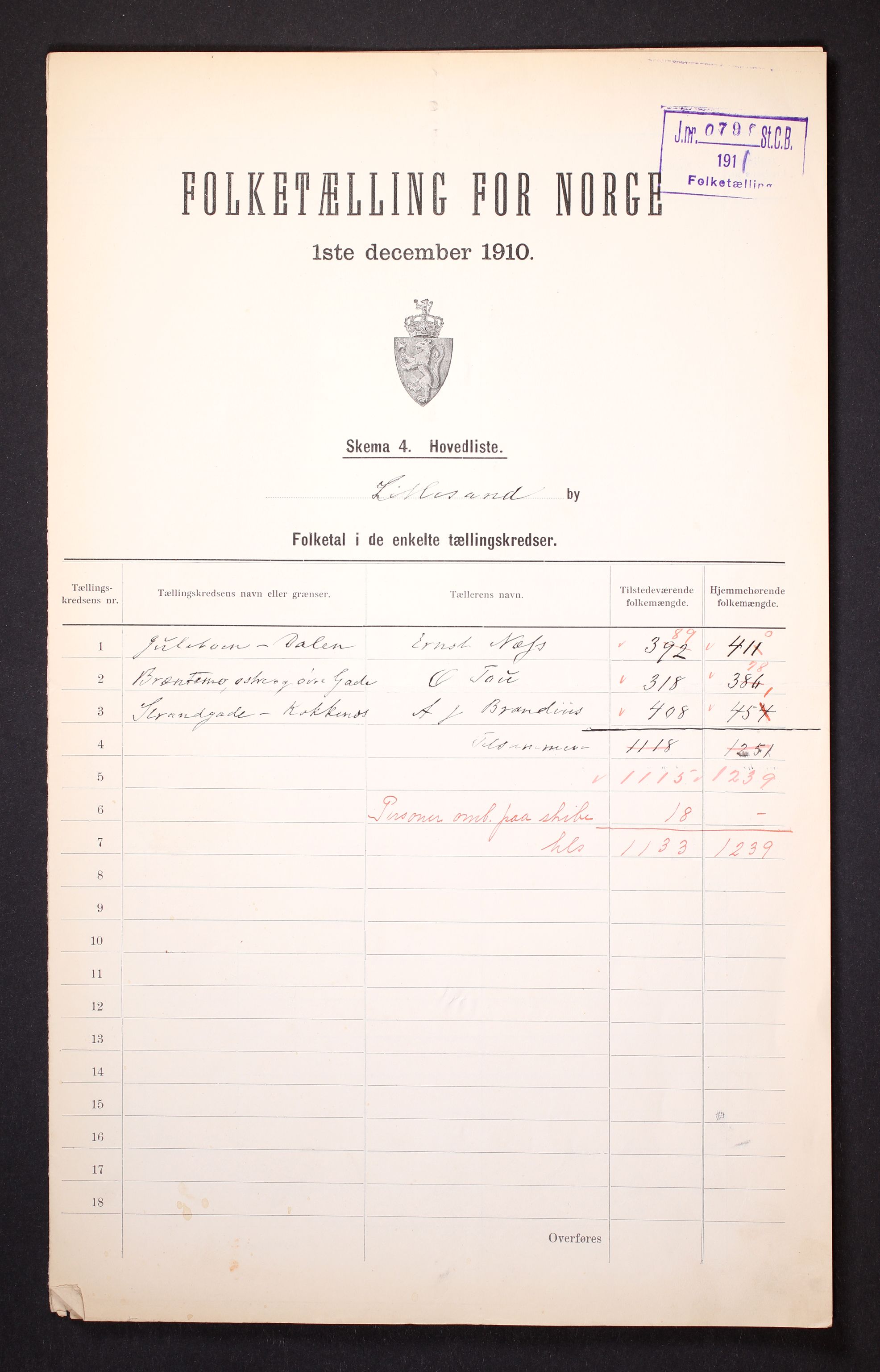 RA, 1910 census for Lillesand, 1910, p. 2