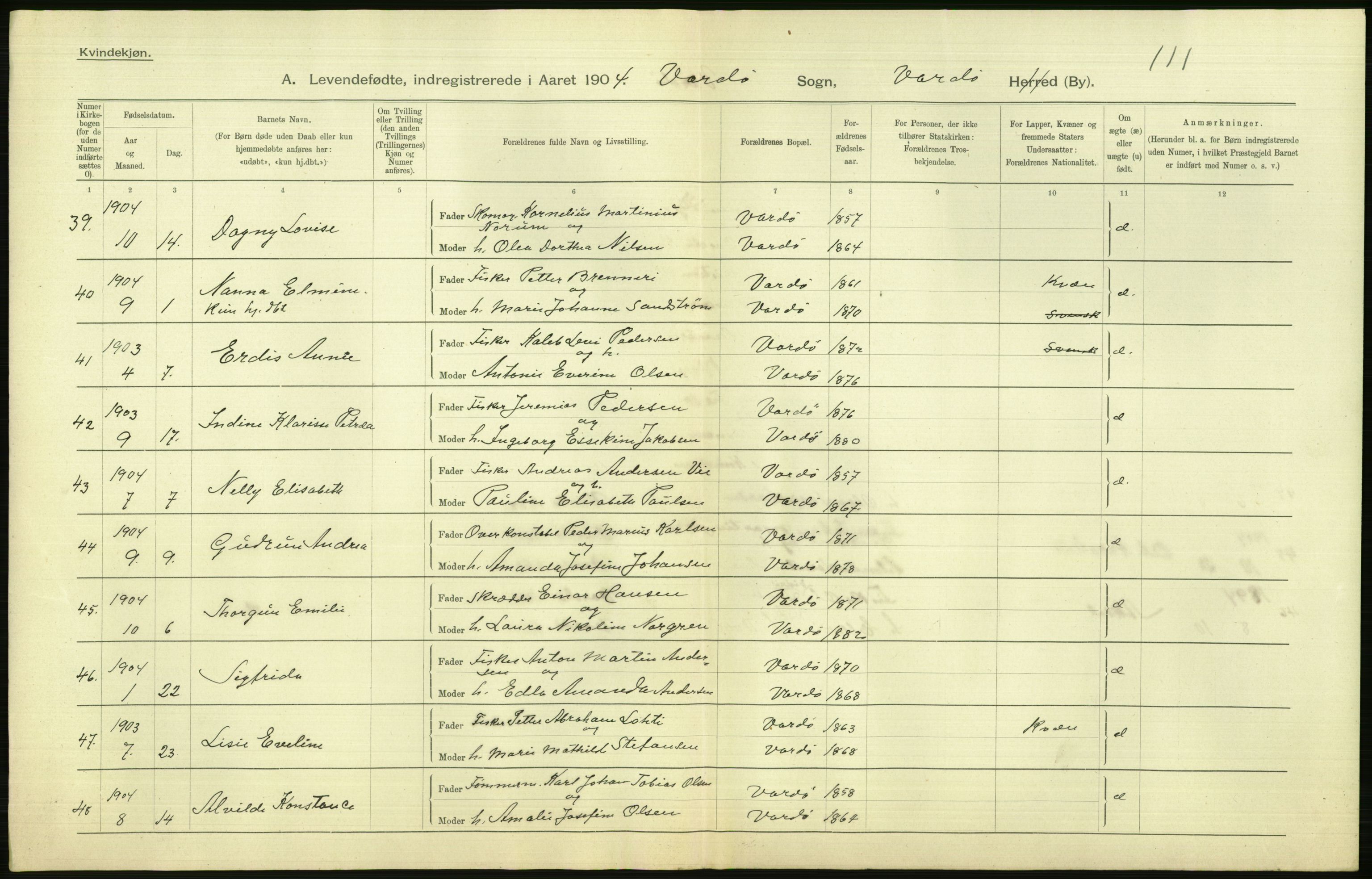 Statistisk sentralbyrå, Sosiodemografiske emner, Befolkning, AV/RA-S-2228/D/Df/Dfa/Dfab/L0023: Finnmarkens amt: Fødte, gifte, døde, 1904, p. 154