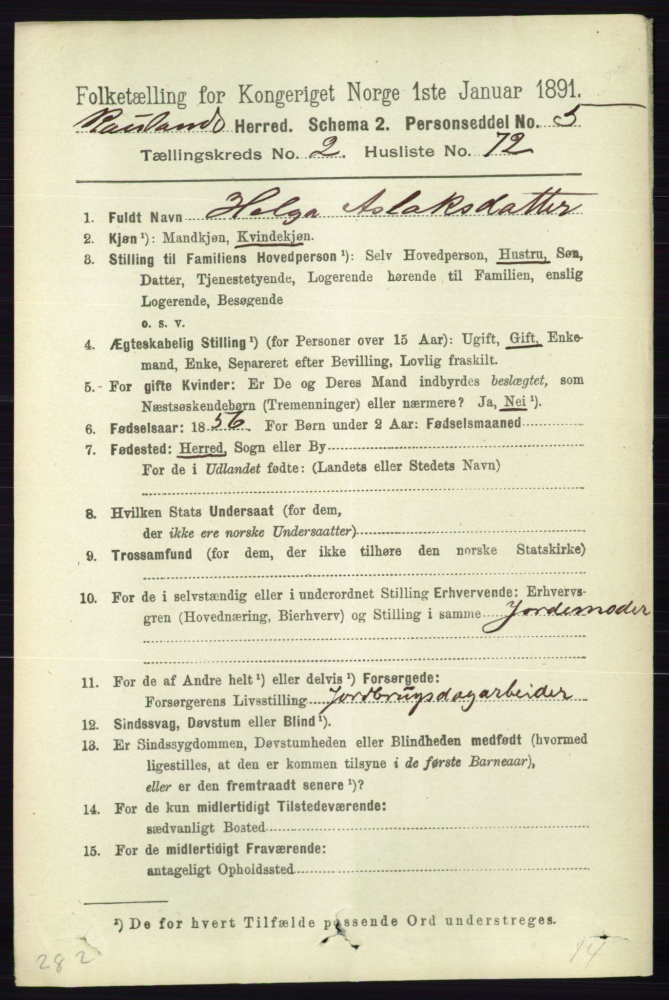 RA, 1891 census for 0835 Rauland, 1891, p. 734