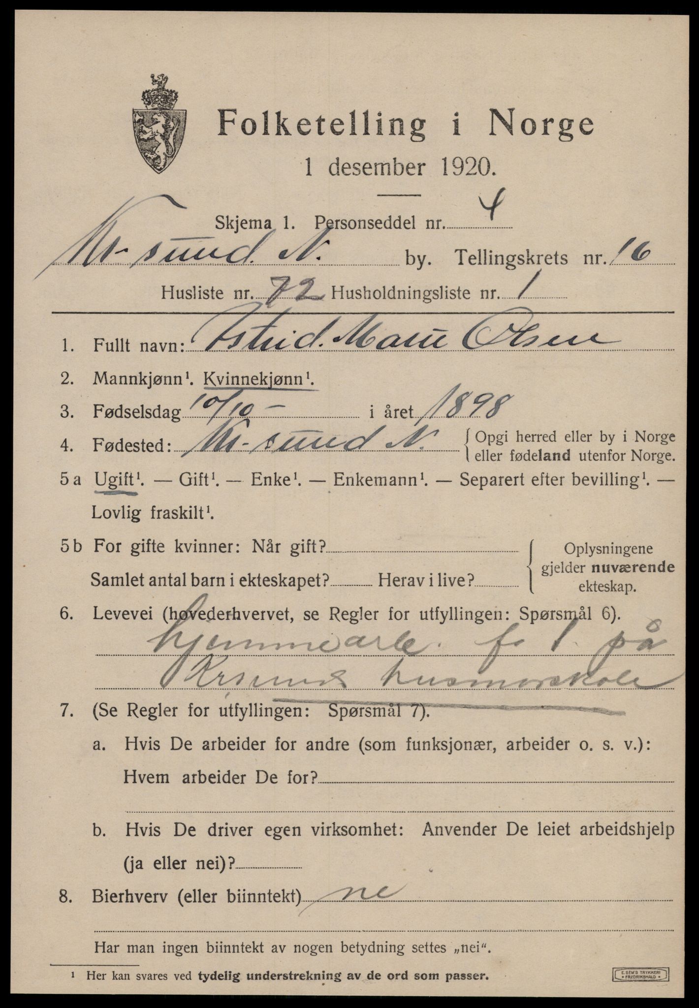 SAT, 1920 census for Kristiansund, 1920, p. 35449