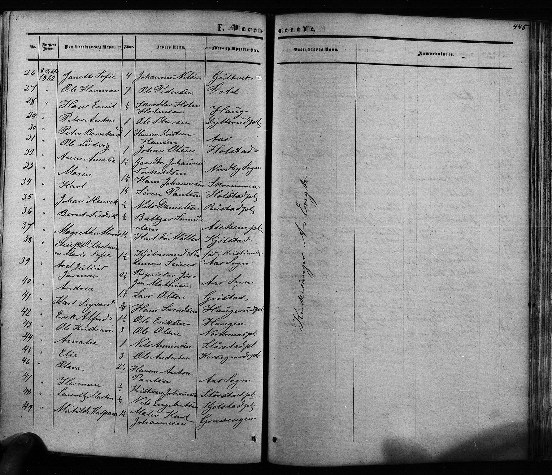 Ås prestekontor Kirkebøker, AV/SAO-A-10894/F/Fa/L0007: Parish register (official) no. I 7, 1854-1870, p. 445