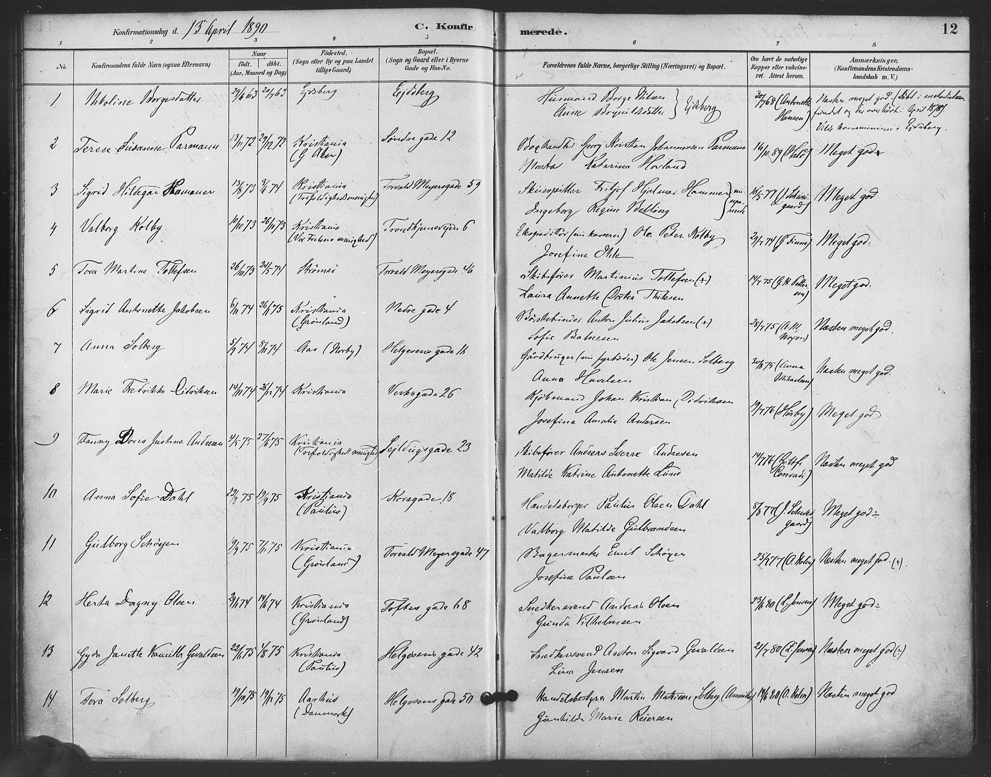 Paulus prestekontor Kirkebøker, AV/SAO-A-10871/F/Fa/L0006: Parish register (official) no. 6, 1889-1896, p. 12