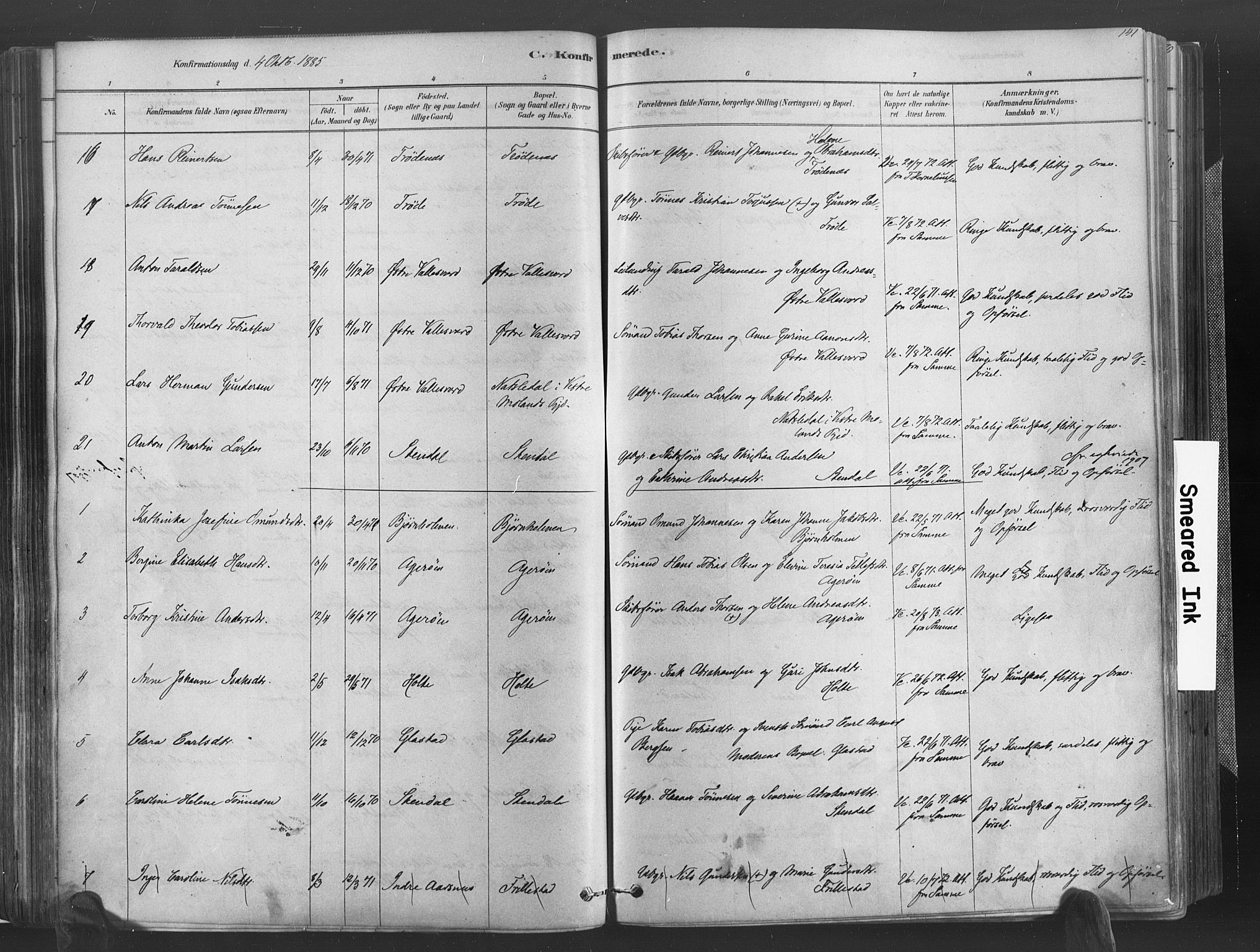 Høvåg sokneprestkontor, SAK/1111-0025/F/Fa/L0005: Parish register (official) no. A 5, 1878-1893, p. 141
