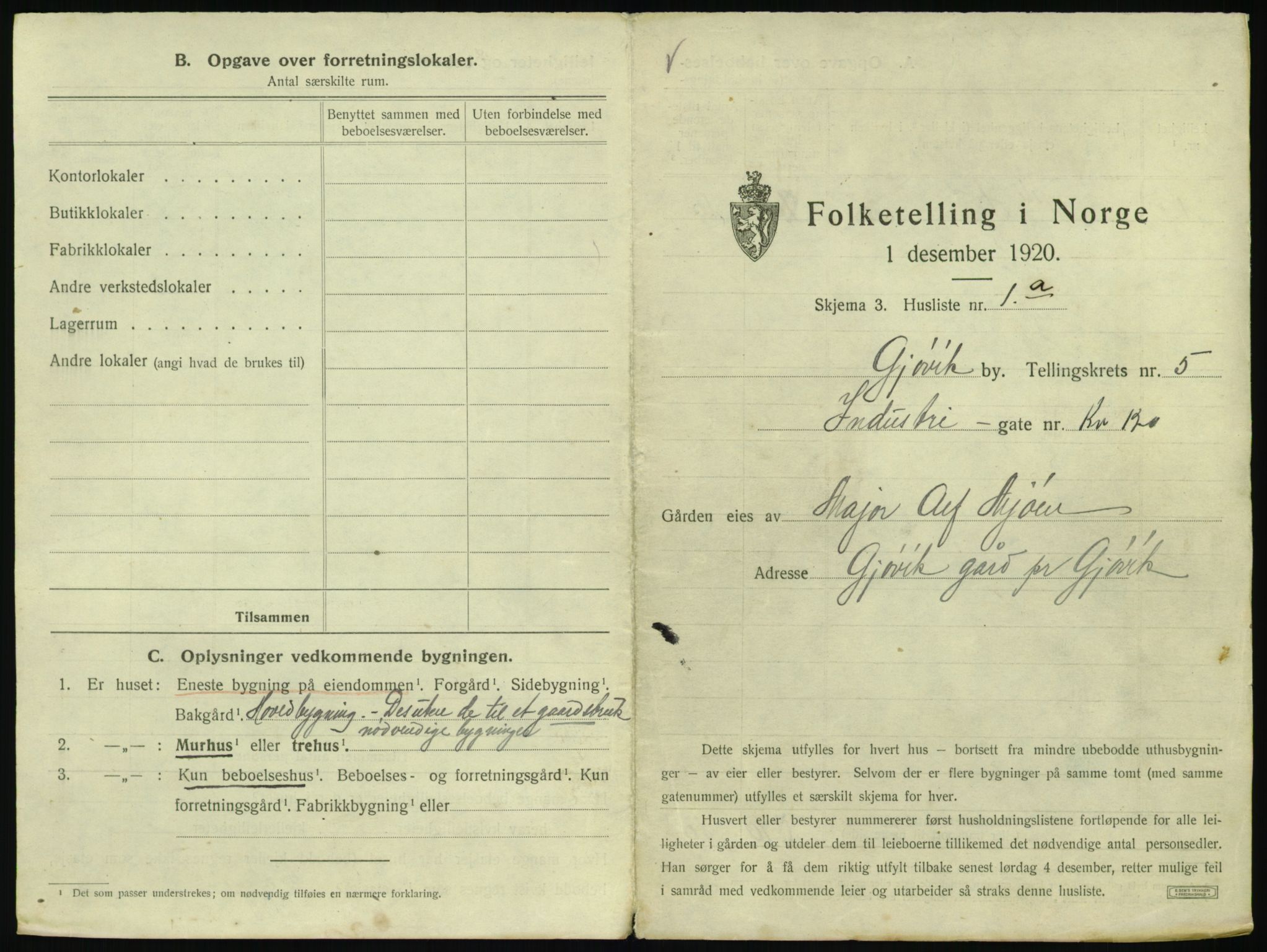 SAH, 1920 census for Gjøvik, 1920, p. 498