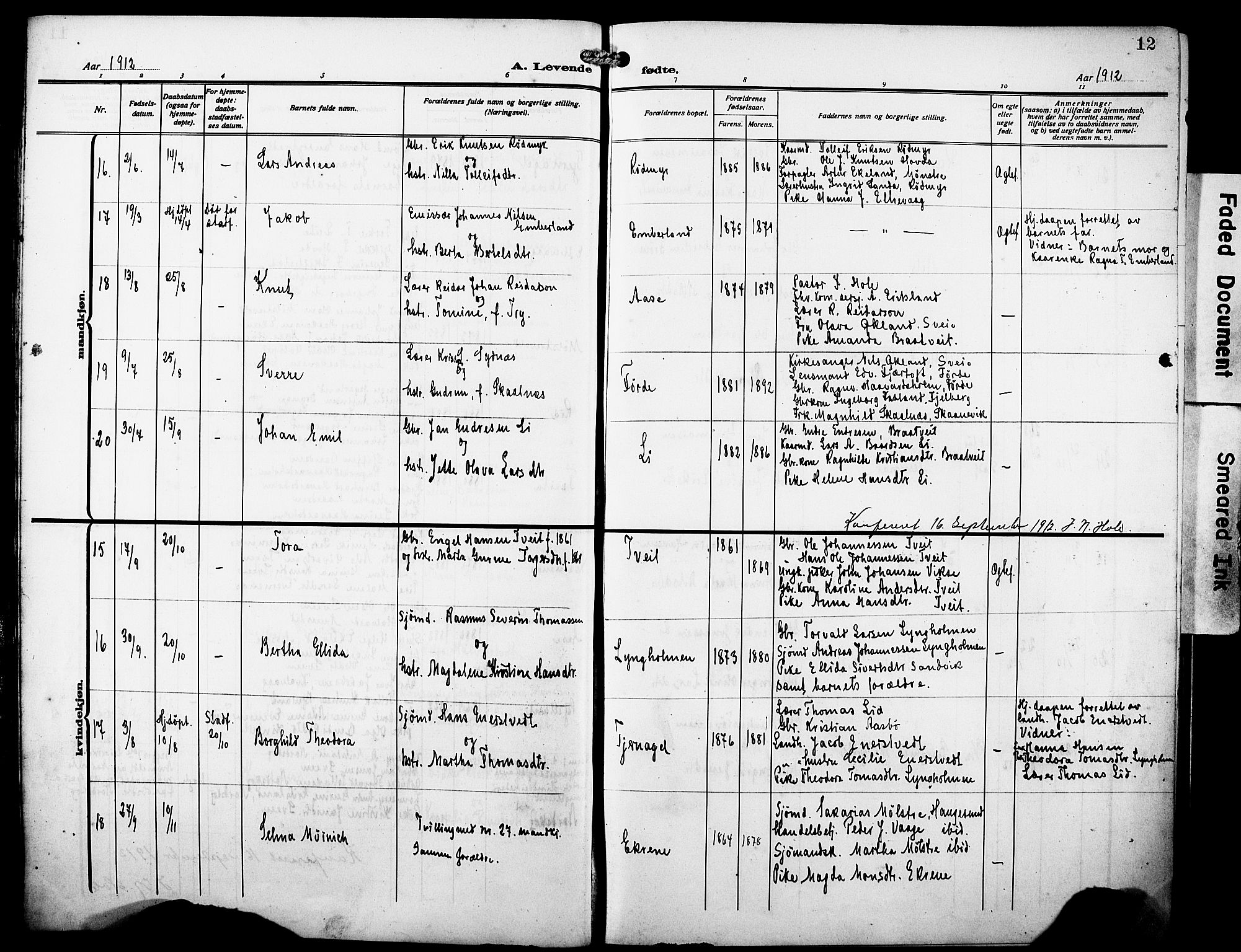 Sveio Sokneprestembete, AV/SAB-A-78501/H/Hab: Parish register (copy) no. A 5, 1911-1926, p. 12