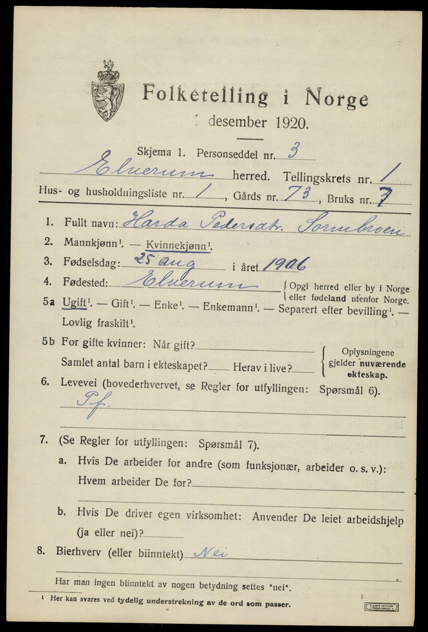 SAH, 1920 census for Elverum, 1920, p. 3780